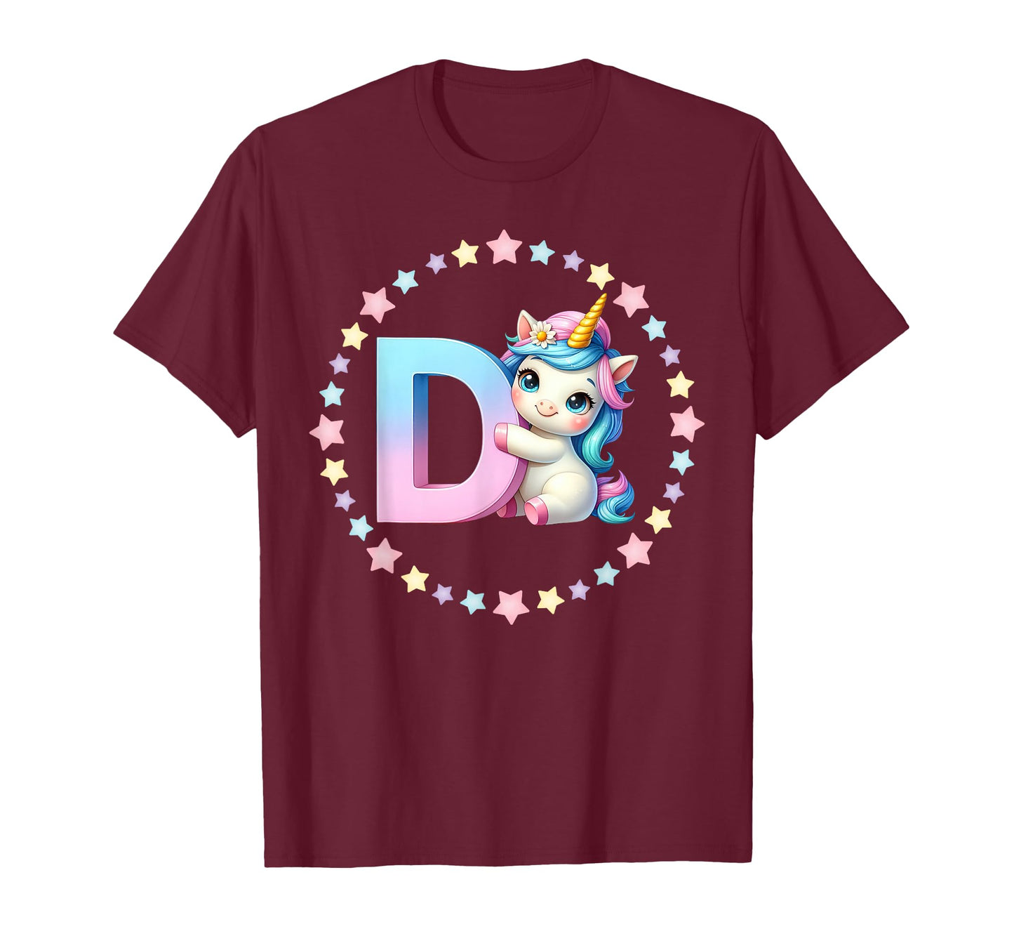 Unicorn Letter D Initial Rainbow Monogram for Girls and Kids T-Shirt