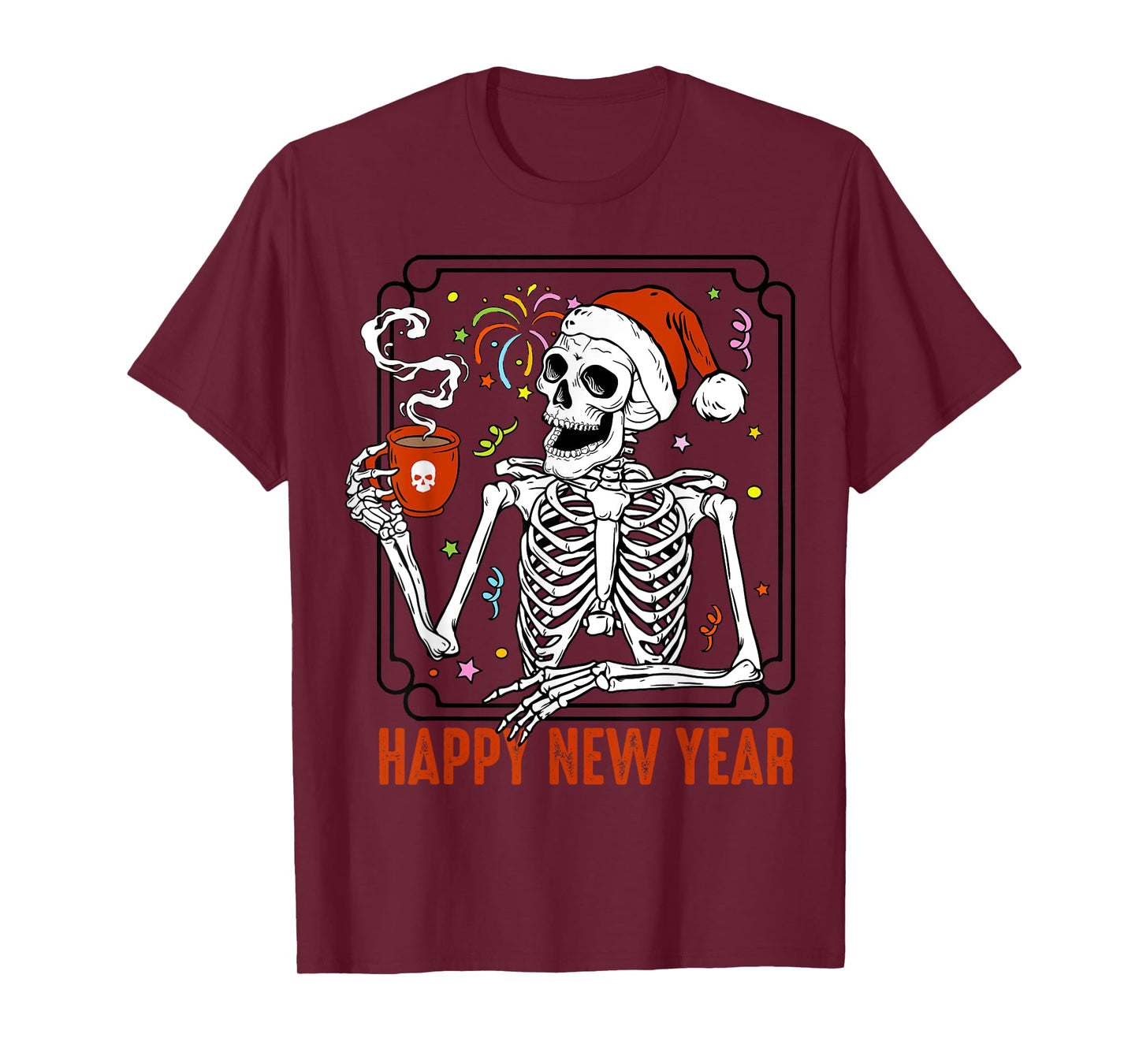 Happy New Year Christmas Funny Skeleton Drinking Coffee Xmas T-Shirt