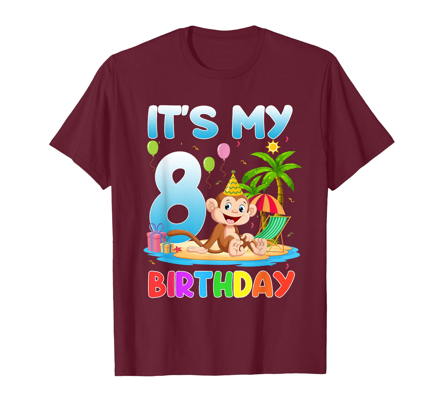 It's My 8th Birthday Summer Monkey 8 Year Old Bday Party Kid T-Shirt