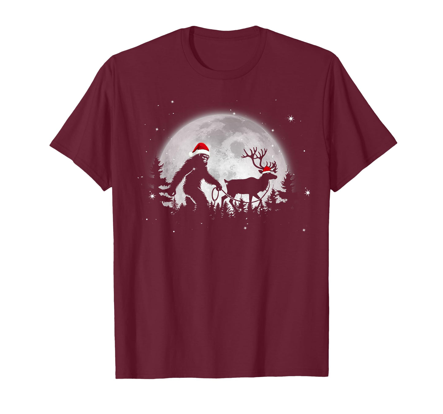 Funny Bigfoot Walking Reindeer Full Moon Christmas Sasquatch T-Shirt
