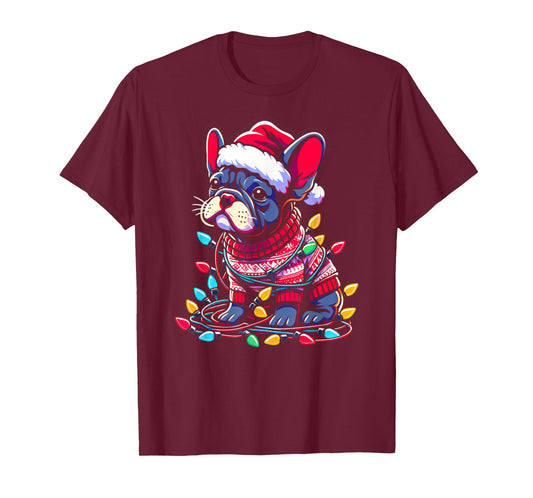 Funny Frenchie Tree Xmas Lights Pajama T-Shirt