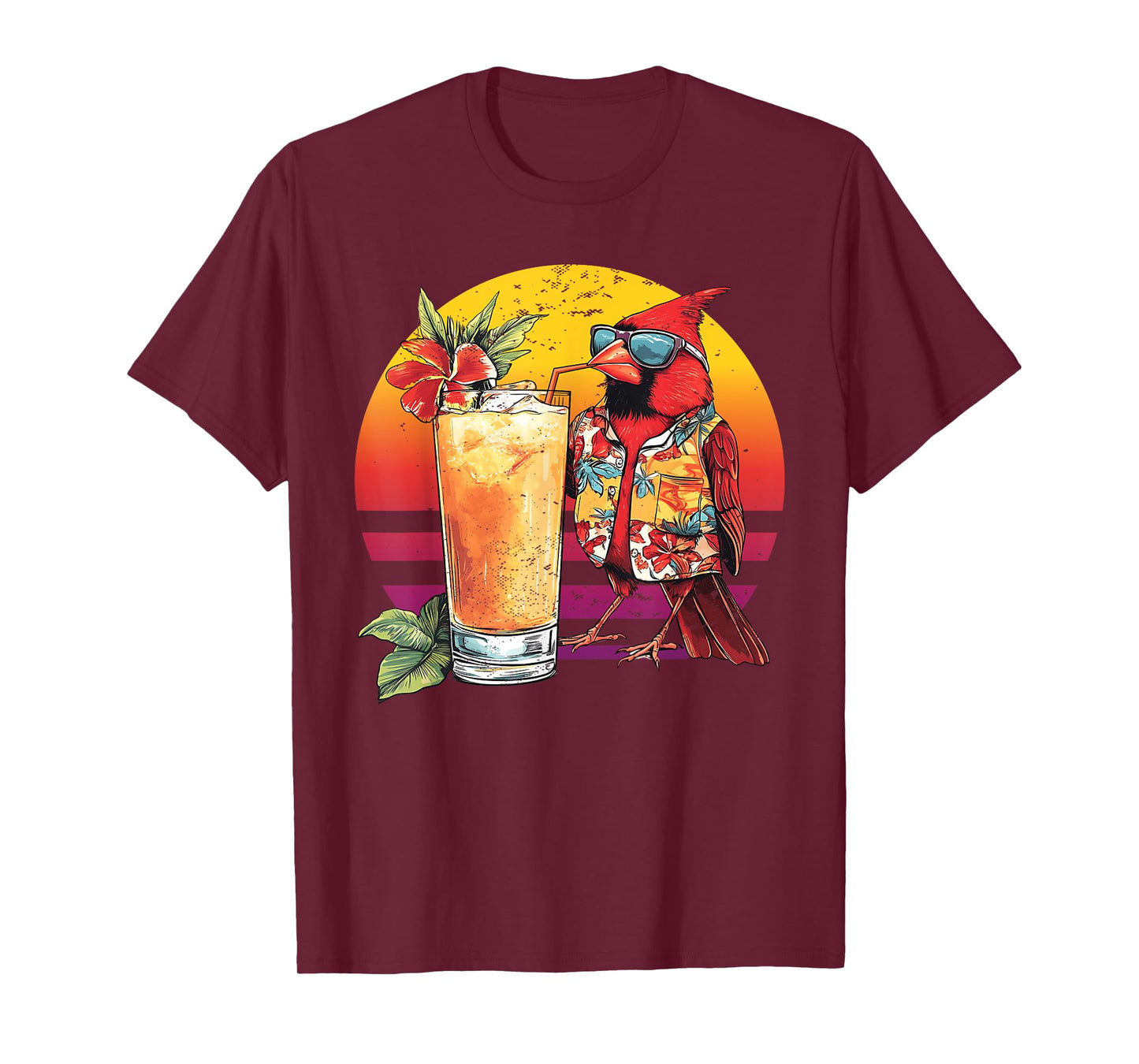 Red Cardinal Bird Drinking Cocktail Hawaiian Retro Summer T-Shirt