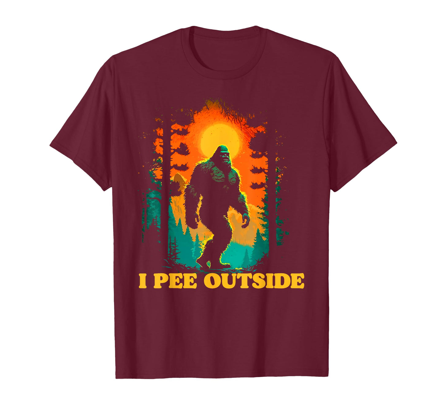 I Pee Outside Funny Bigfoot Hiking Sasquatch Retro Sunset T-Shirt