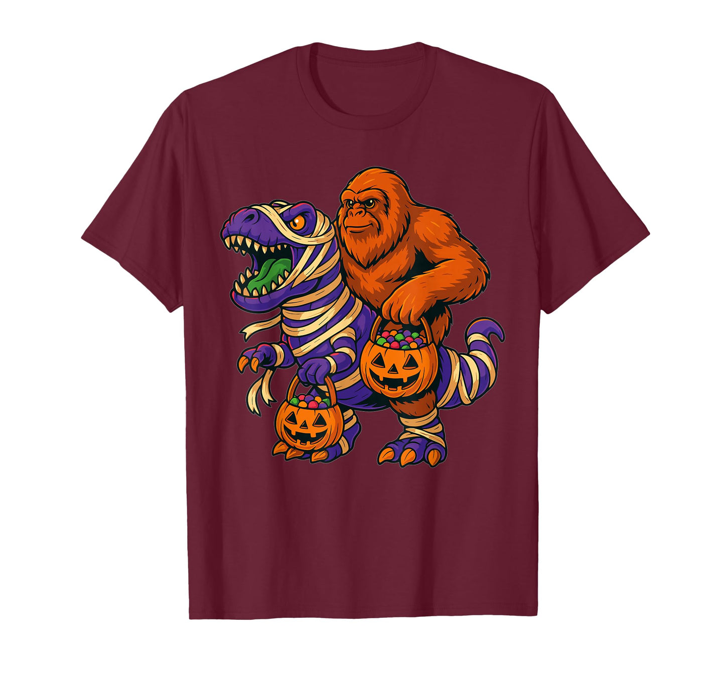 Bigfoot Riding Mummy Dinosaur T rex Halloween Funny Pumpkin T-Shirt