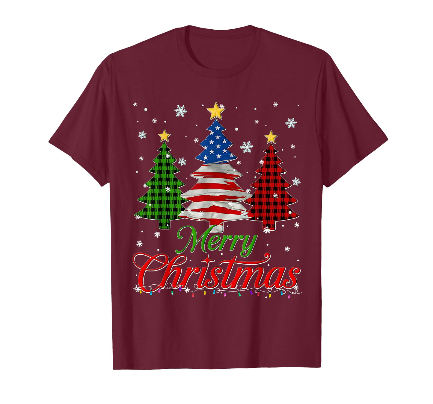 Merry Christmas Tree Plaid US Flag Snowflake Xmas Men T-Shirt