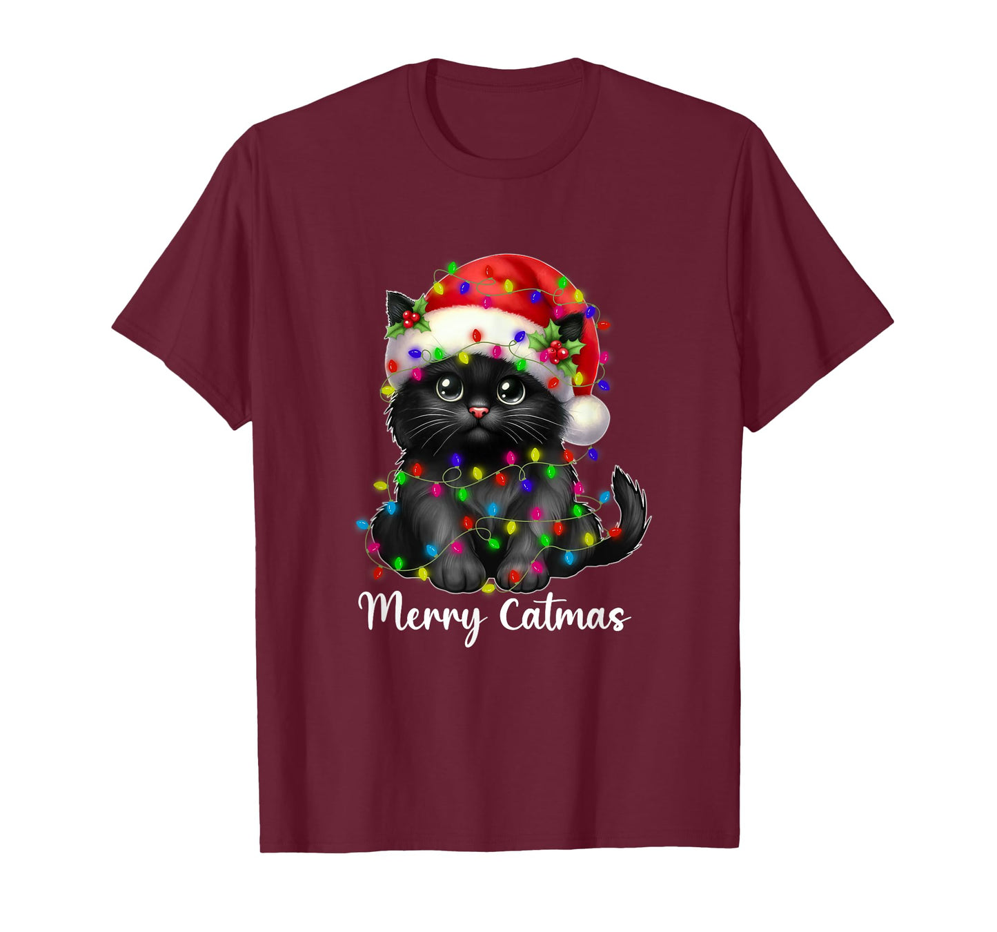 Merry Catmas Black Cat Christmas Light Xmas Family Men Women T-Shirt