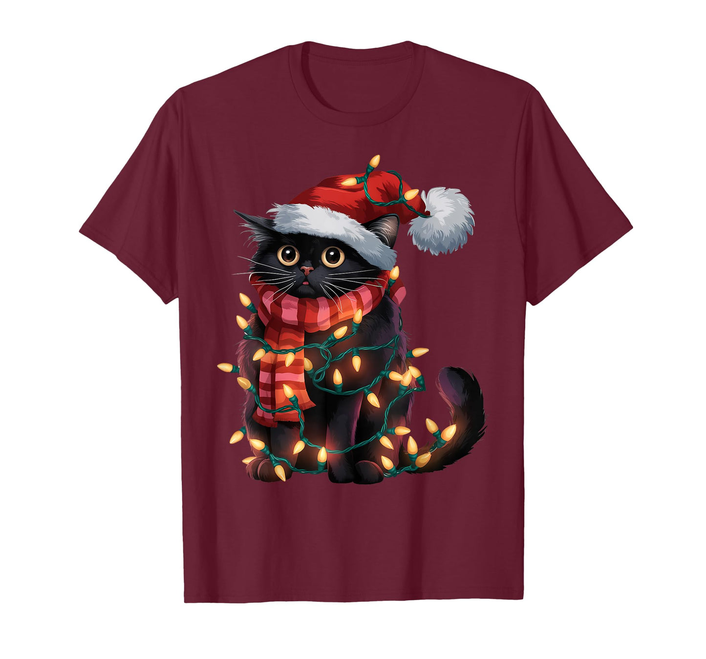 Black Cat Christmas Shirt For Women Santa Hat Xmas Lights T-Shirt