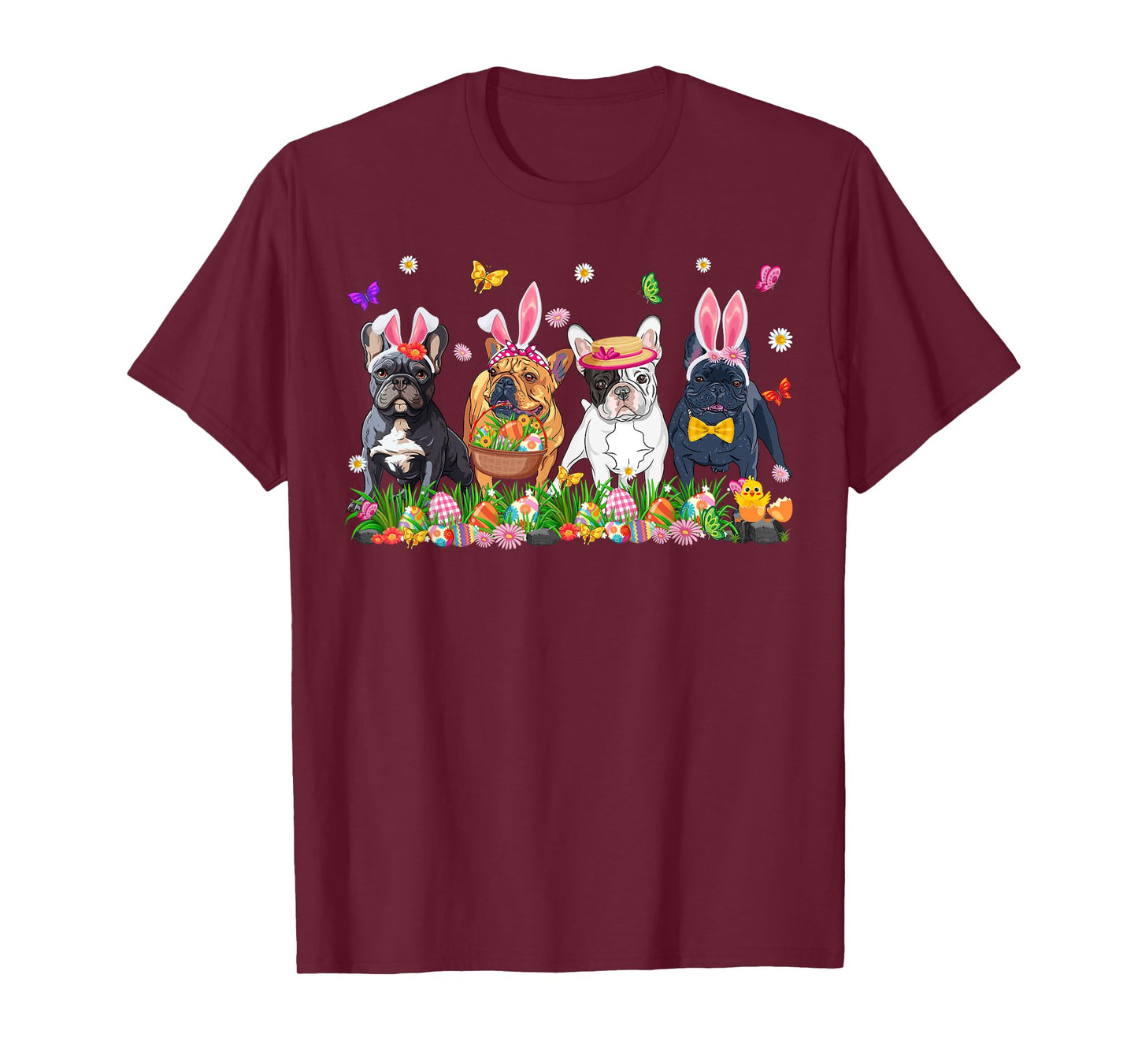 Cute Frenchie Dogs With Bunny Ears & Egg Basket Easter Day T-Shirt