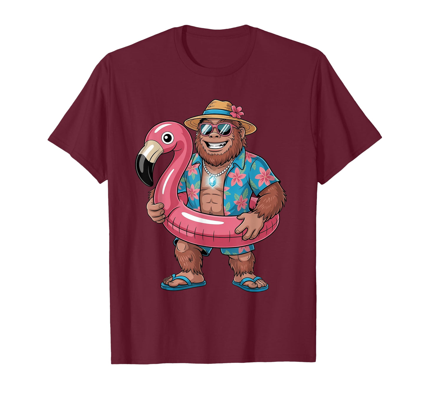 Pink Flamingo Bigfoot Hawaiian Costume Tropical Summer Beach T-Shirt