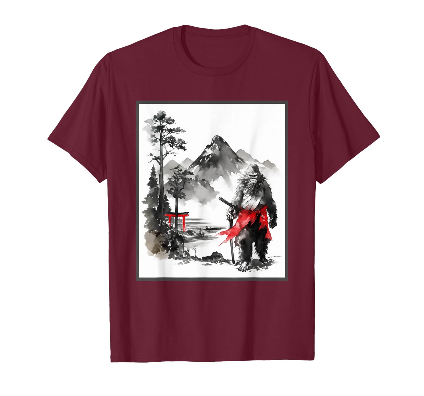 Bigfoot Samurai Japanese Vintage Painting Sumi-E Sasquatch T-Shirt