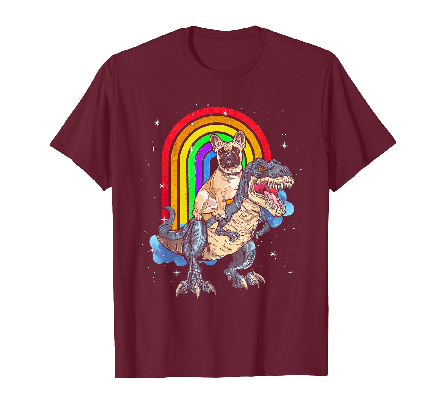 French Bulldog Riding Dinosaur T rex Rainbow T-Shirt for Men Women Kids