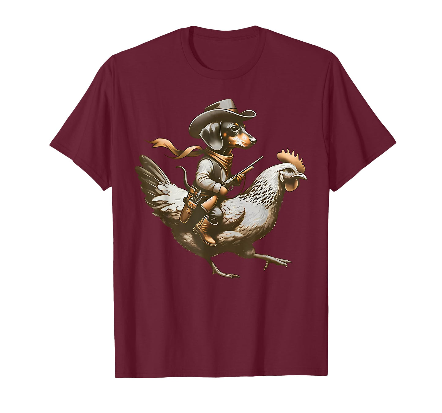 Western Cowboy Dachshund Wiener riding a Chicken Farm Animal T-Shirt