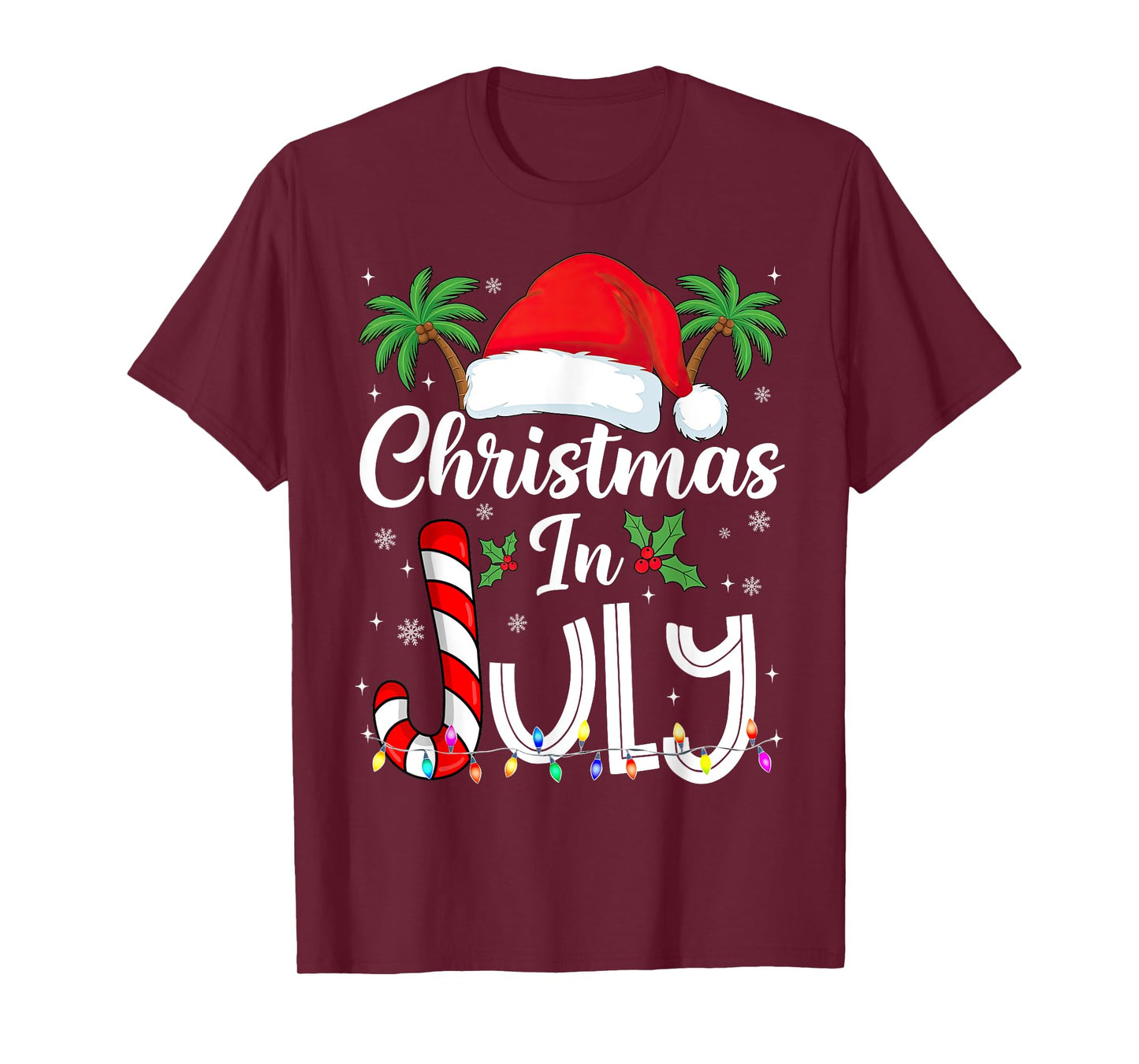 Xmas in July Santa Hat Beach Trip Tropical Summer Palm Tree T-Shirt