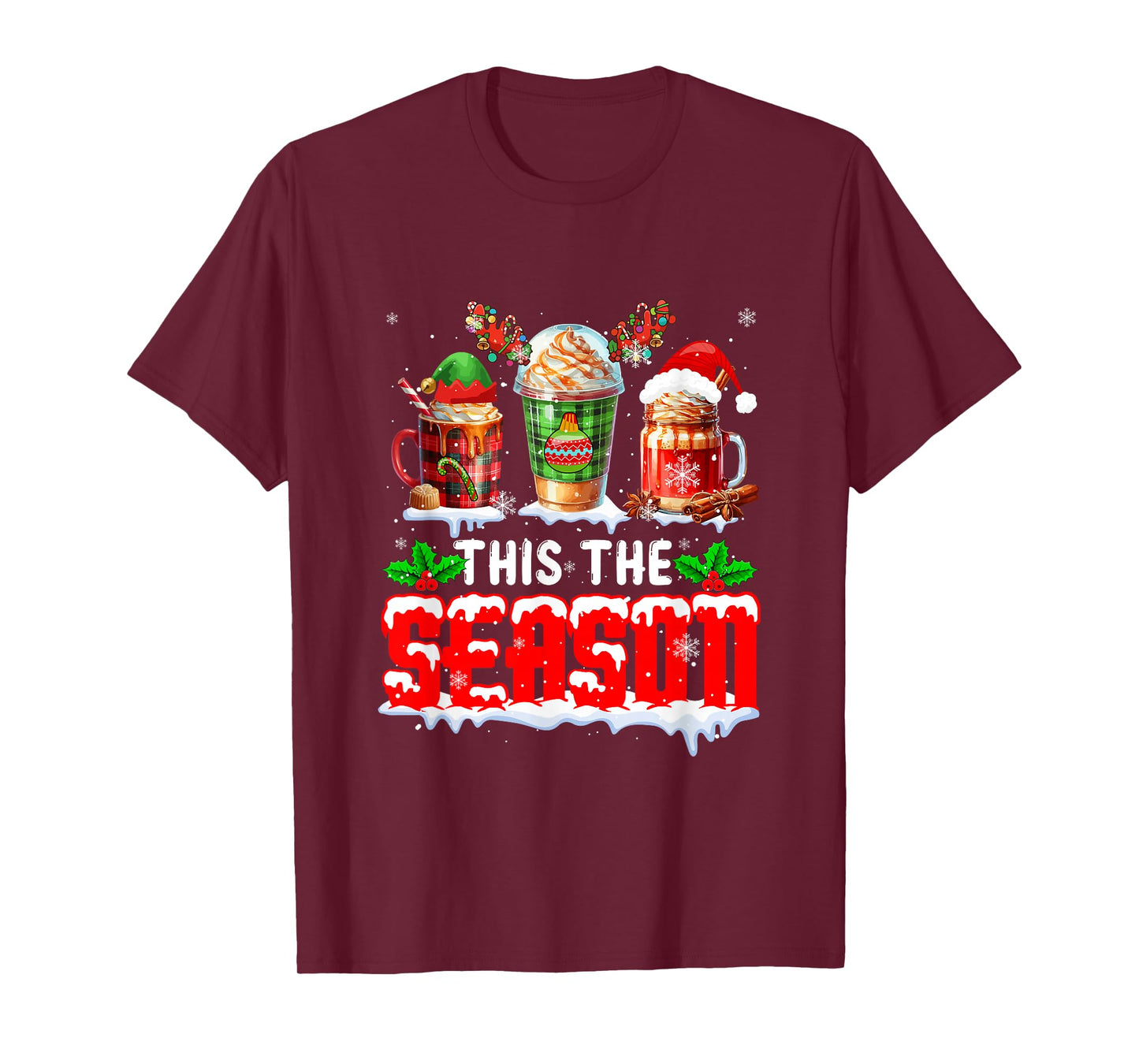 The Season Christmas Three Santa Reindeer Elf Coffee Cups T-Shirt