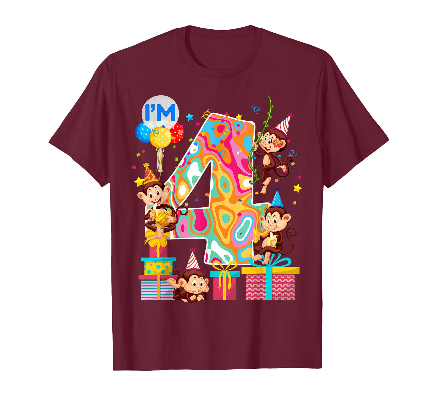 4th B-Day Monkey Birthday Zoo Animal 4 Year Old Funny T-Shirt