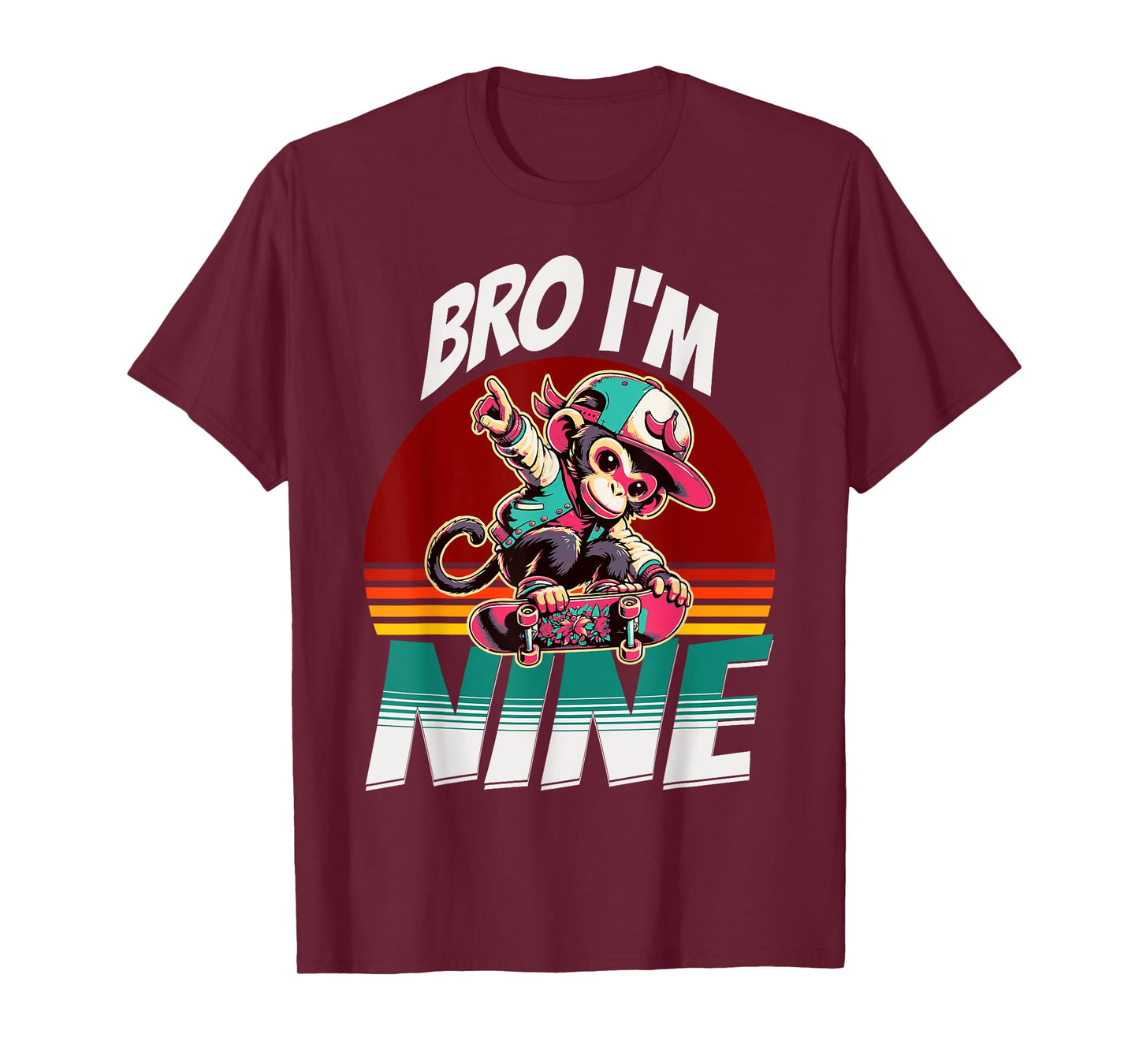 Bro I'm Nine 9th Birthday Monkey Lovers Skateboard Bday T-Shirt