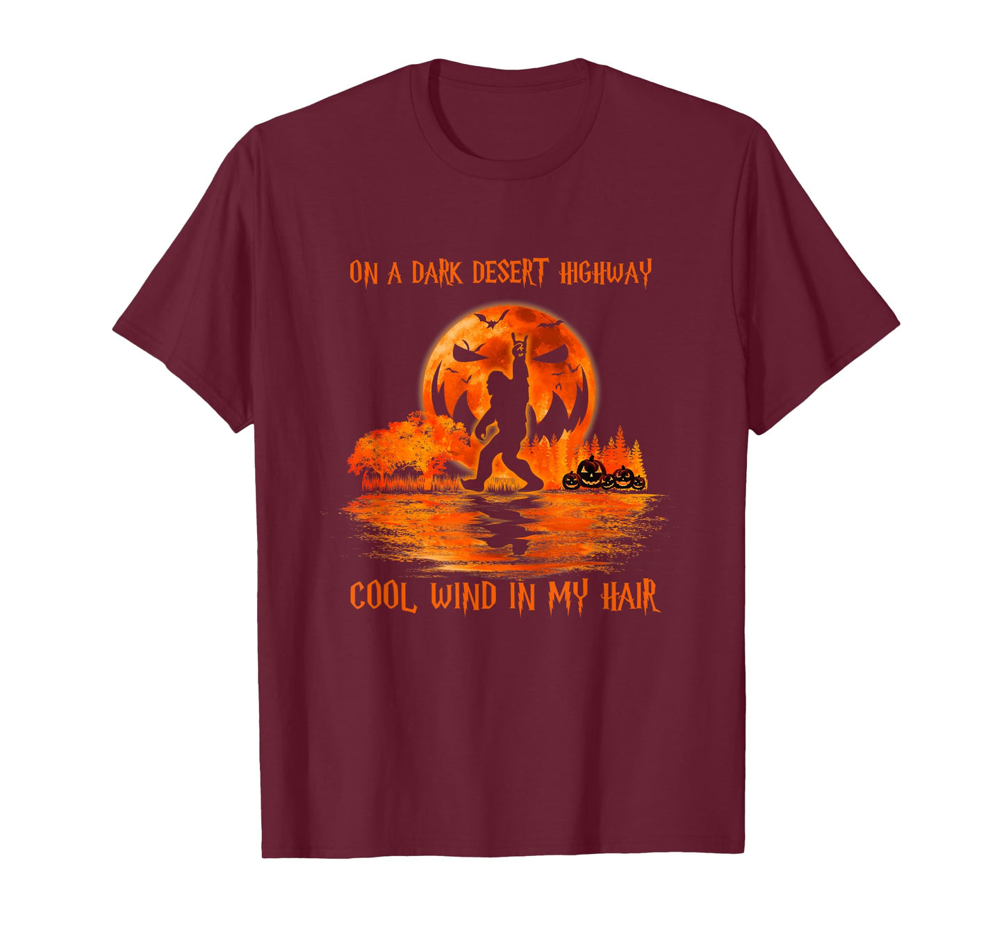 Bigfoot Middle Finger On A Dark Desert Highways Halloween T-Shirt