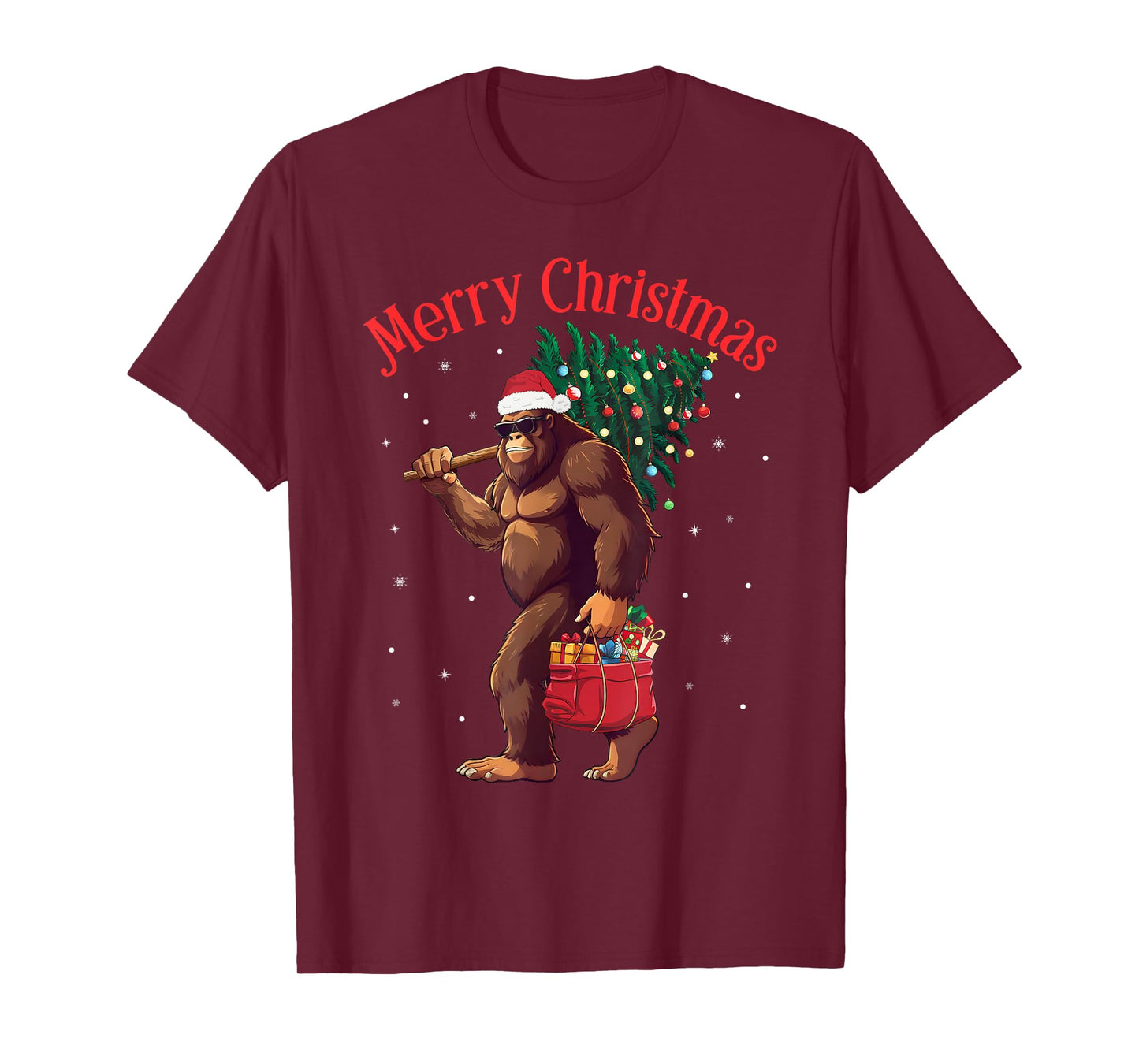 Bigfoot Merry Christmas Tree Lights Sasquatch Xmas Santa T-Shirt