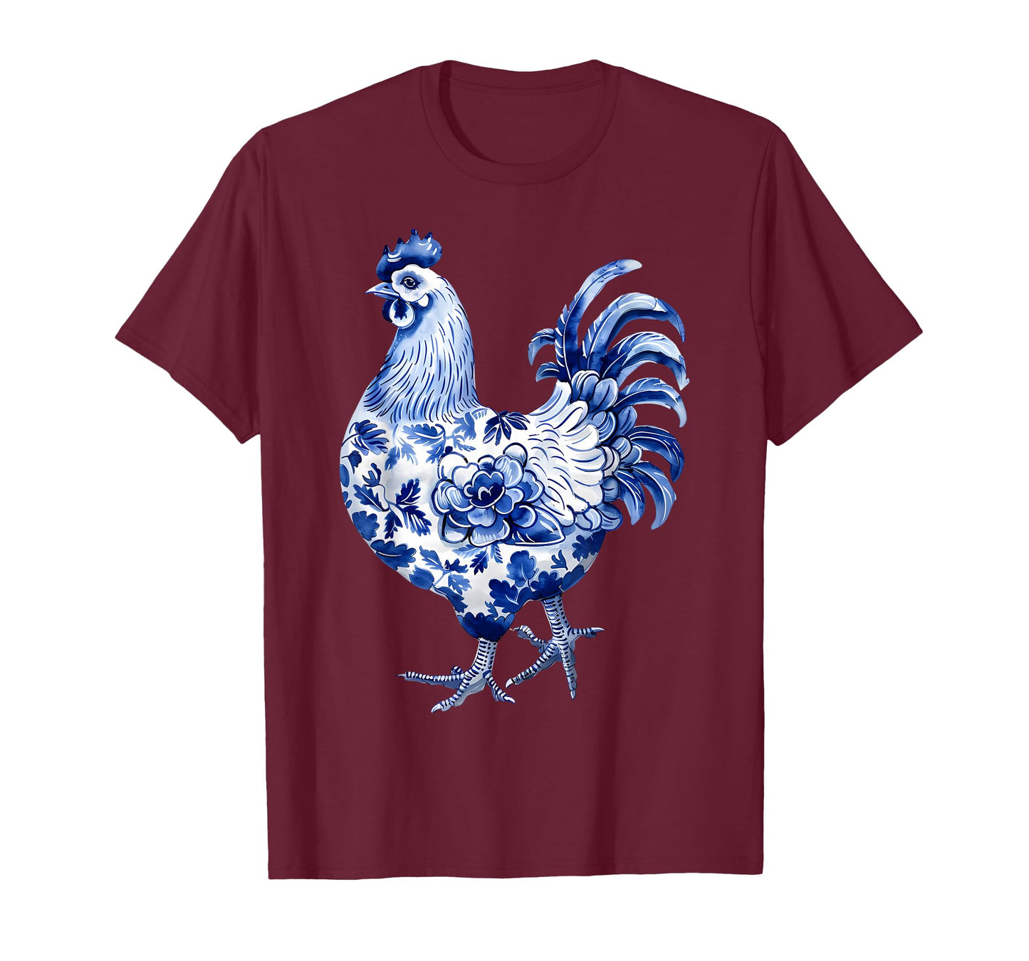 Floral Blue Chinoiserie Chicken Flowers Art Graphic Farm T-Shirt