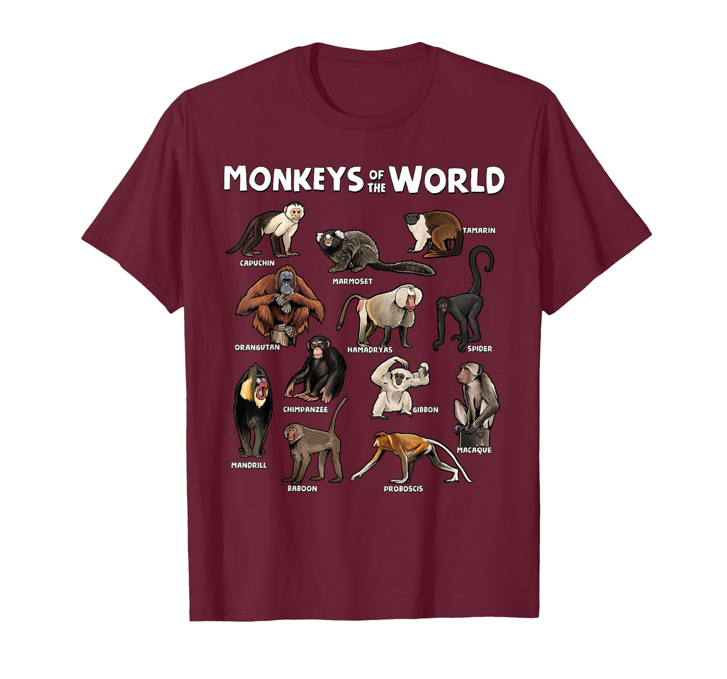 Monkeys of the World Realistic Animal Species Design T-Shirt