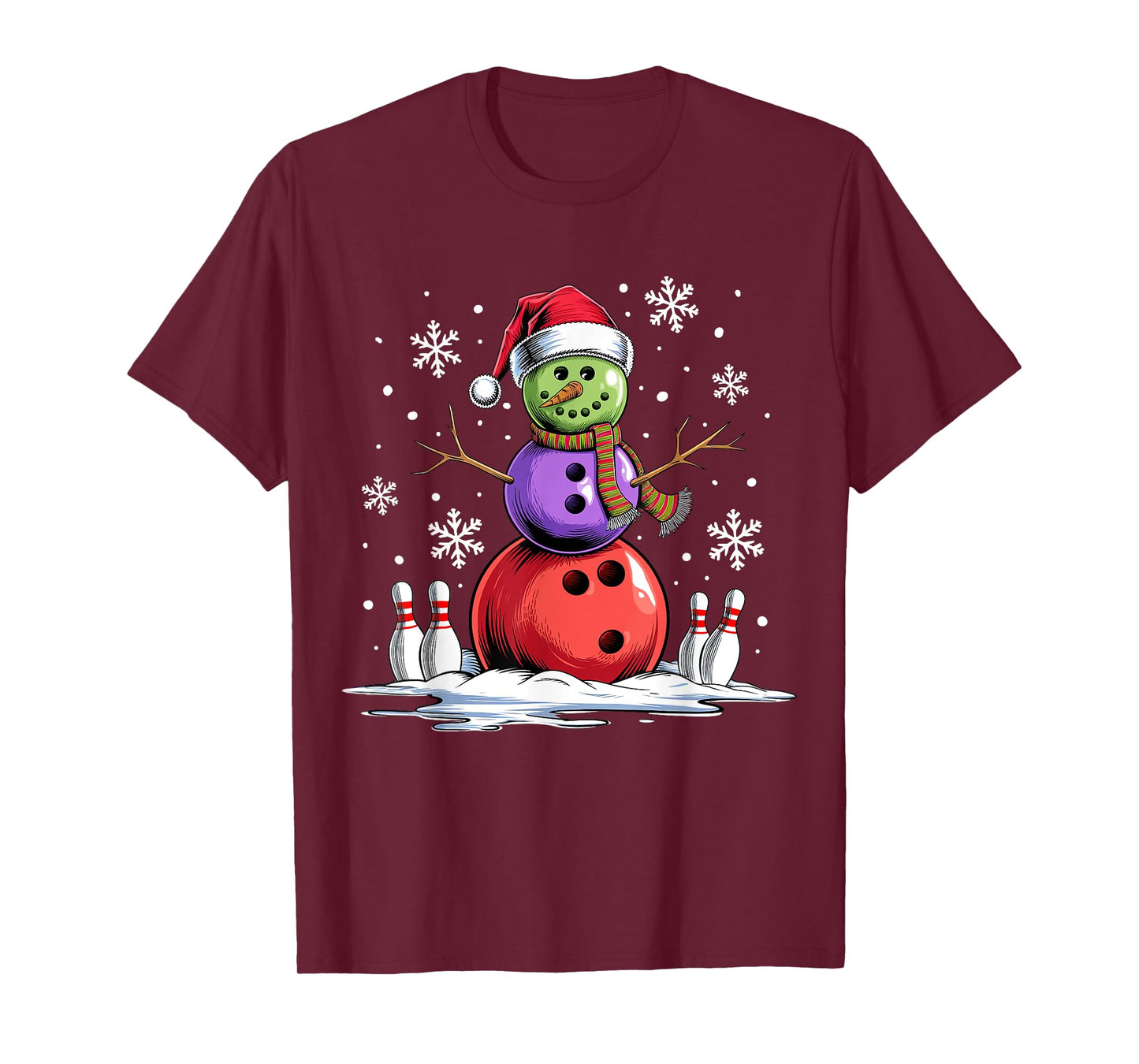 Bowling Snowman Bowling Player Santa Hat Christmas Funny T-Shirt