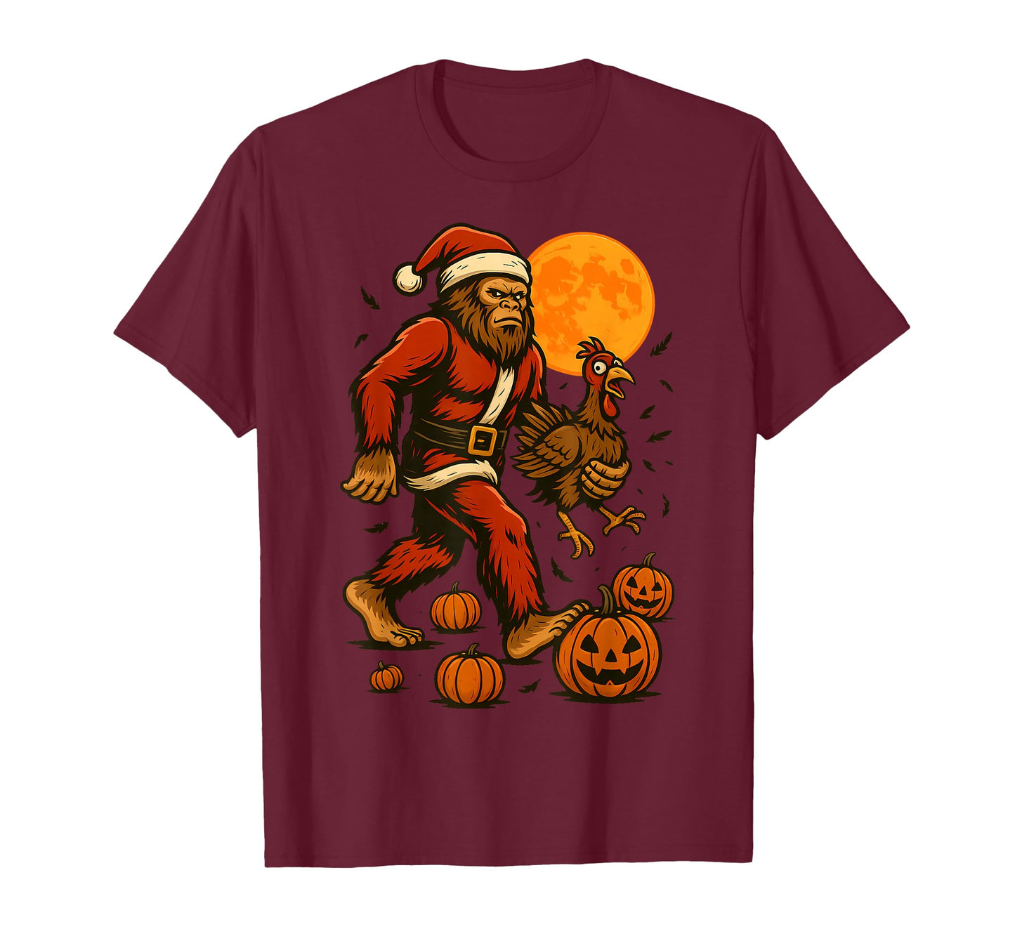 Funny Bigfoot in a Santa Suit Carrying a Turkey Halloween T-Shirt