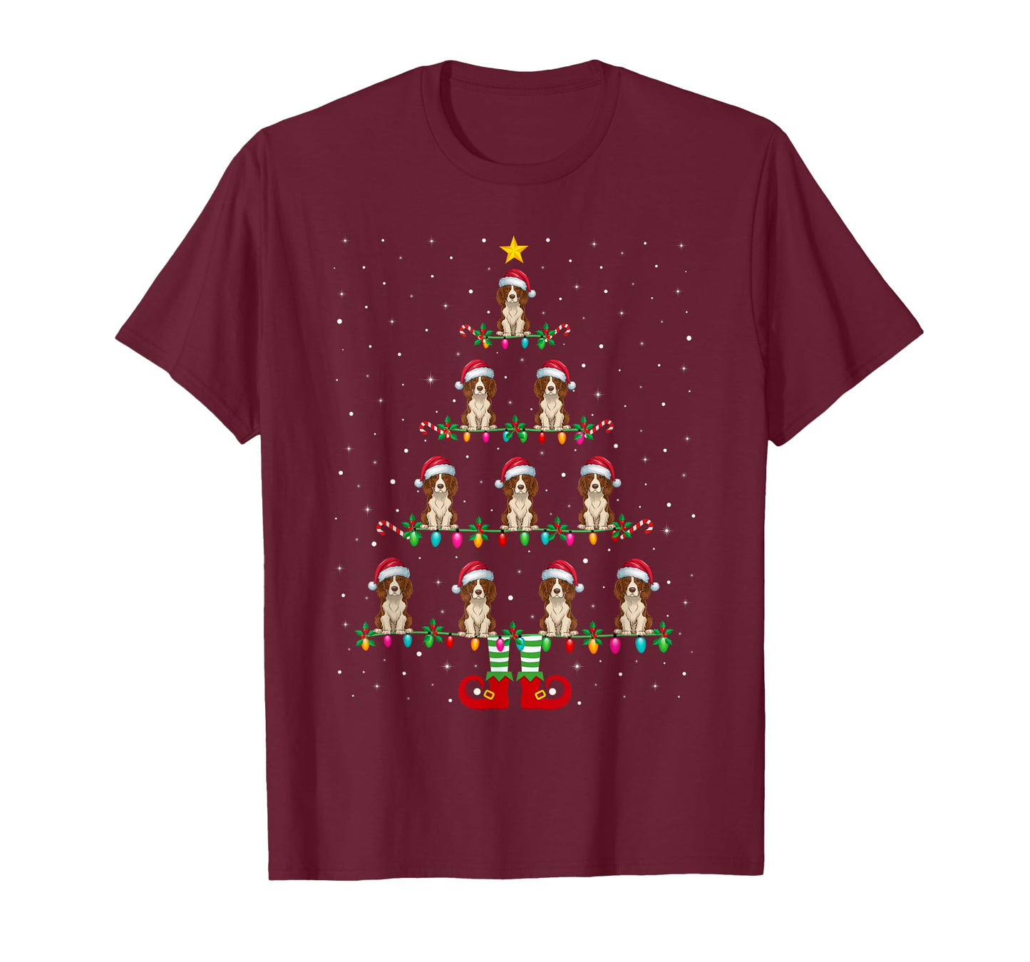 Christmas Tree Lights Santa Hat ELF Brittany Spaniel Dog Men Women Kids T-Shirt