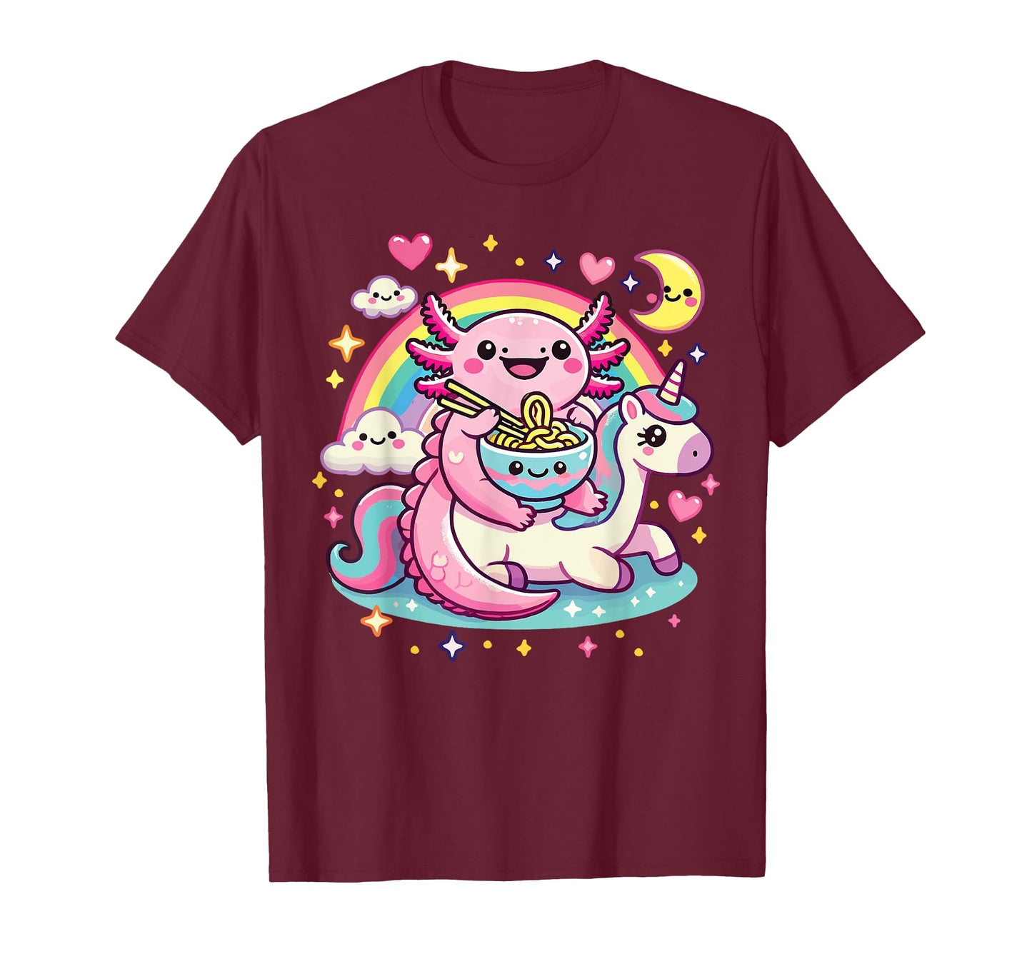 Anime Kawaii Axolotl Eating Ramen Noodles Rainbow Kids Girl T-Shirt