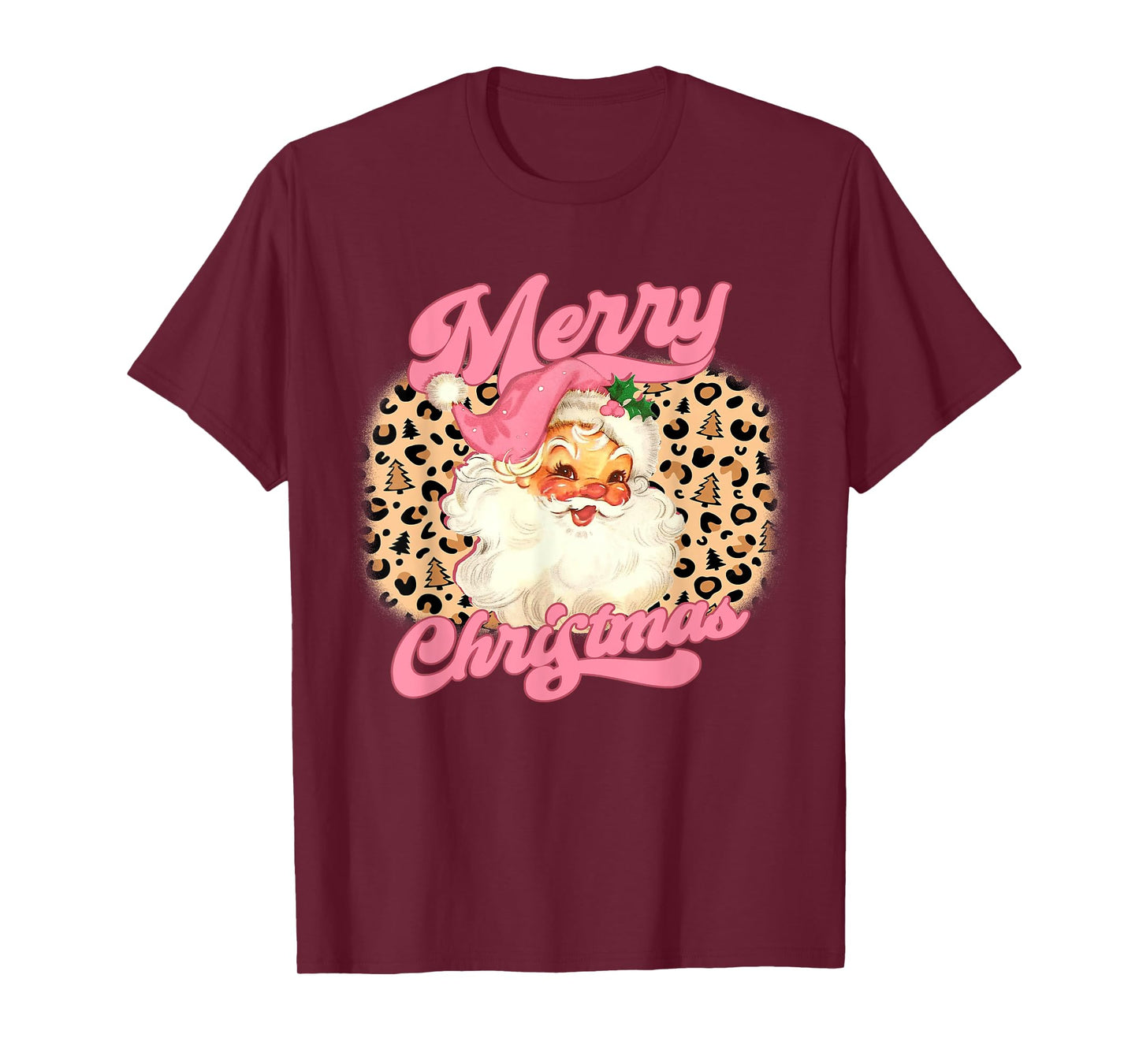Merry Christmas Pink Santa Claus Leopard Print Women Girls T-Shirt