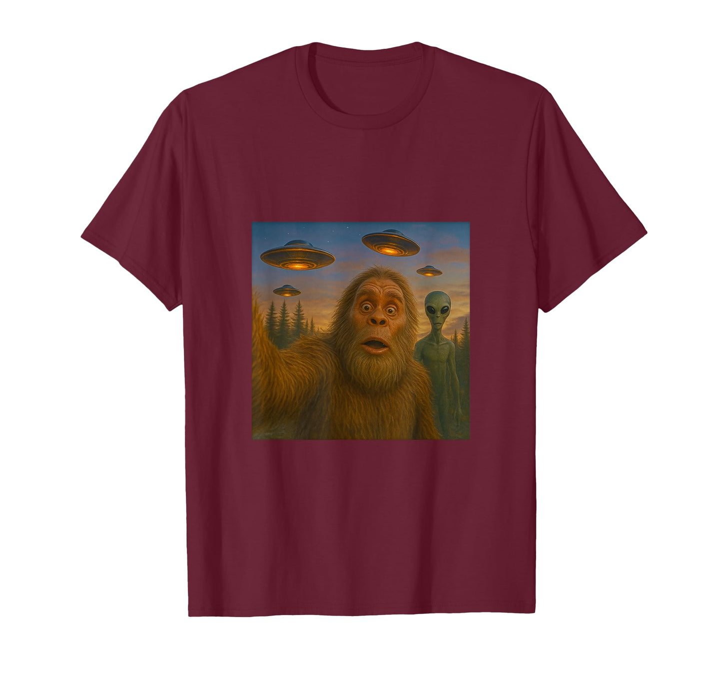 Bigfoot Alien Selfie at Dusk - with UFOs T-Shirt