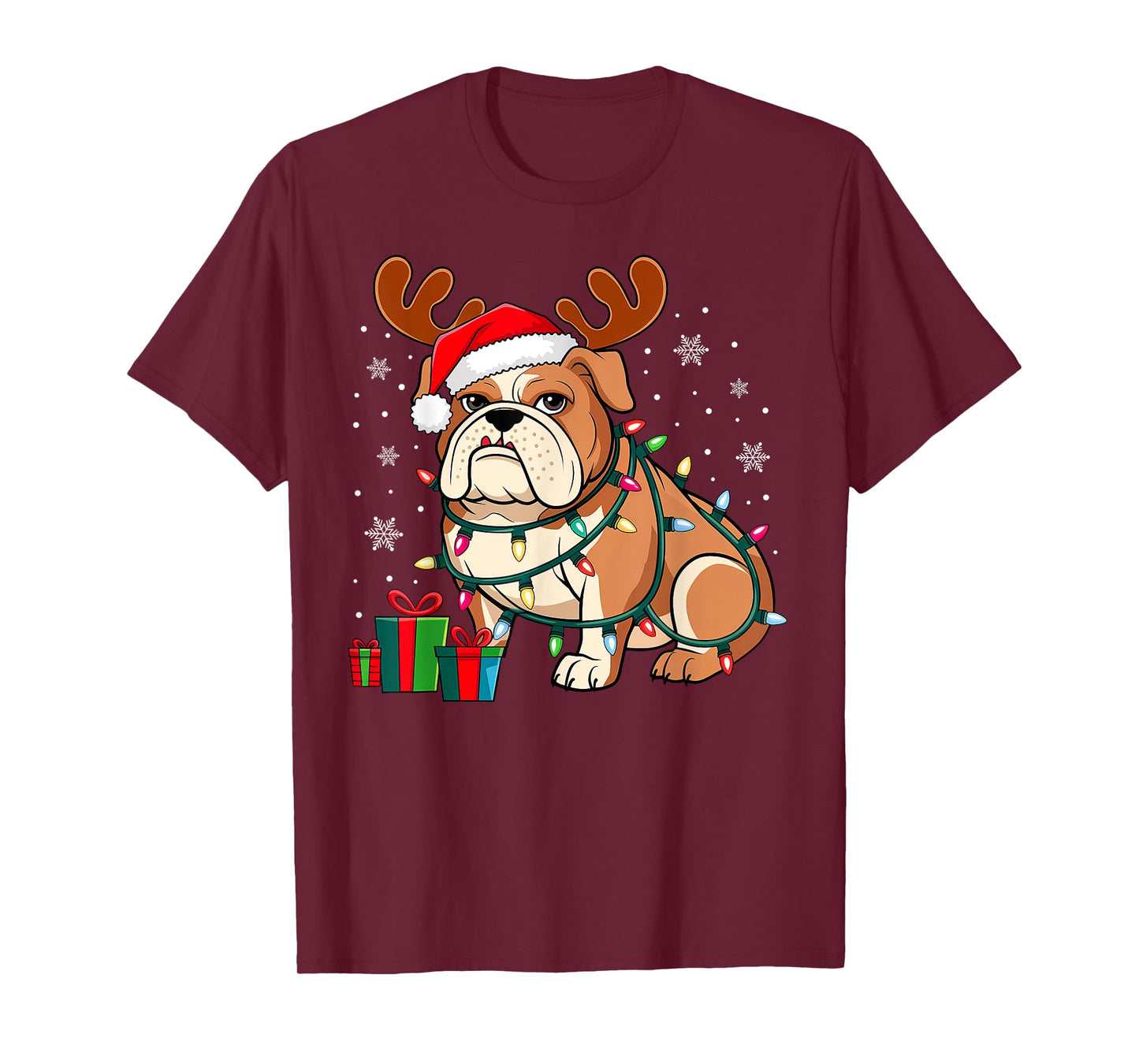 English Bulldog Dog Christmas Lights Santa Hat Dog Lover Men Women Kids T-Shirt