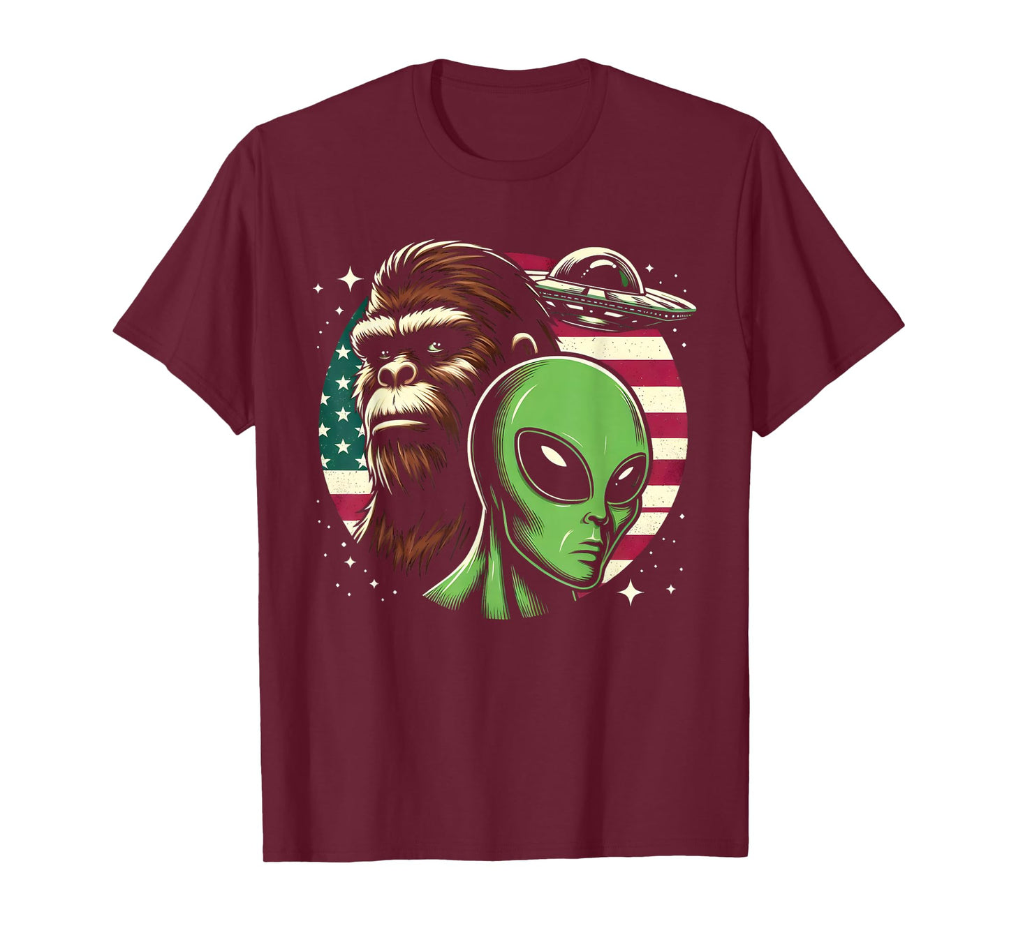Bigfoot Sasquatch Alien UFO USA American Flag T-Shirt