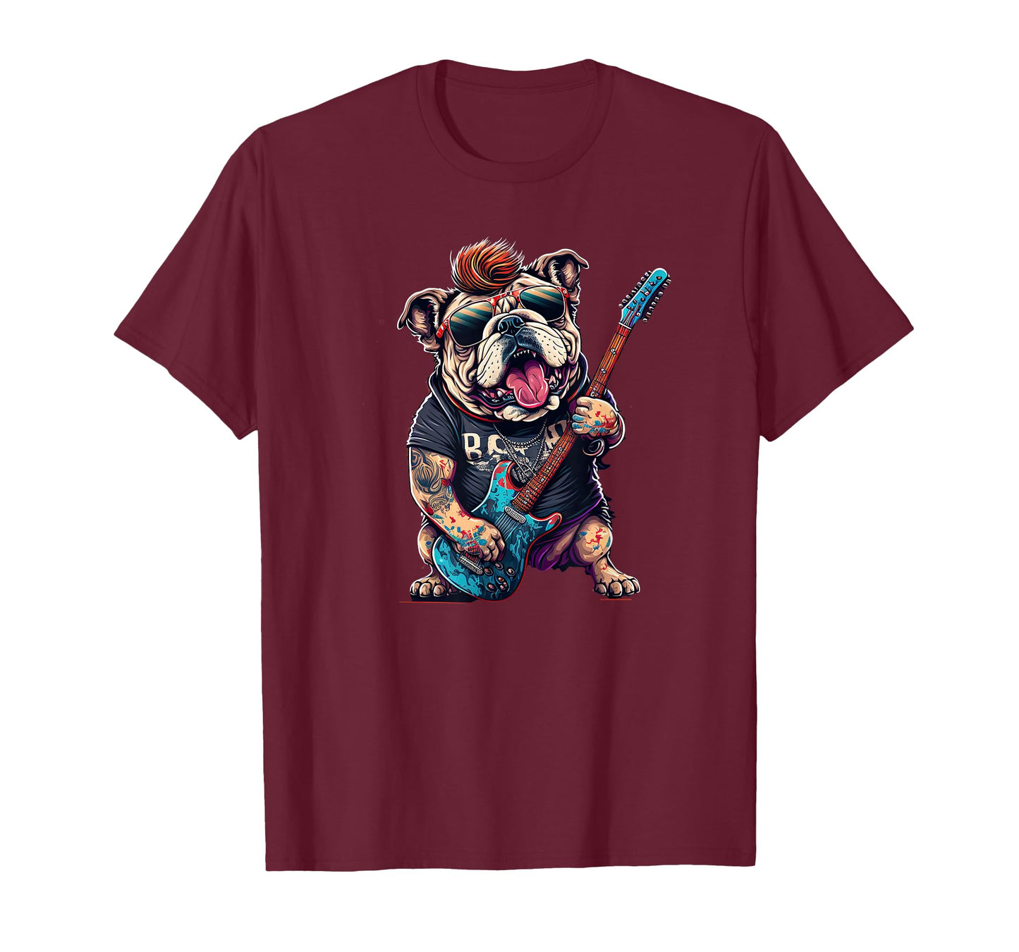 Funny Bulldog Dog Rock and Roll Rocker 80s 90s T-Shirt for Men Women Girls Kids