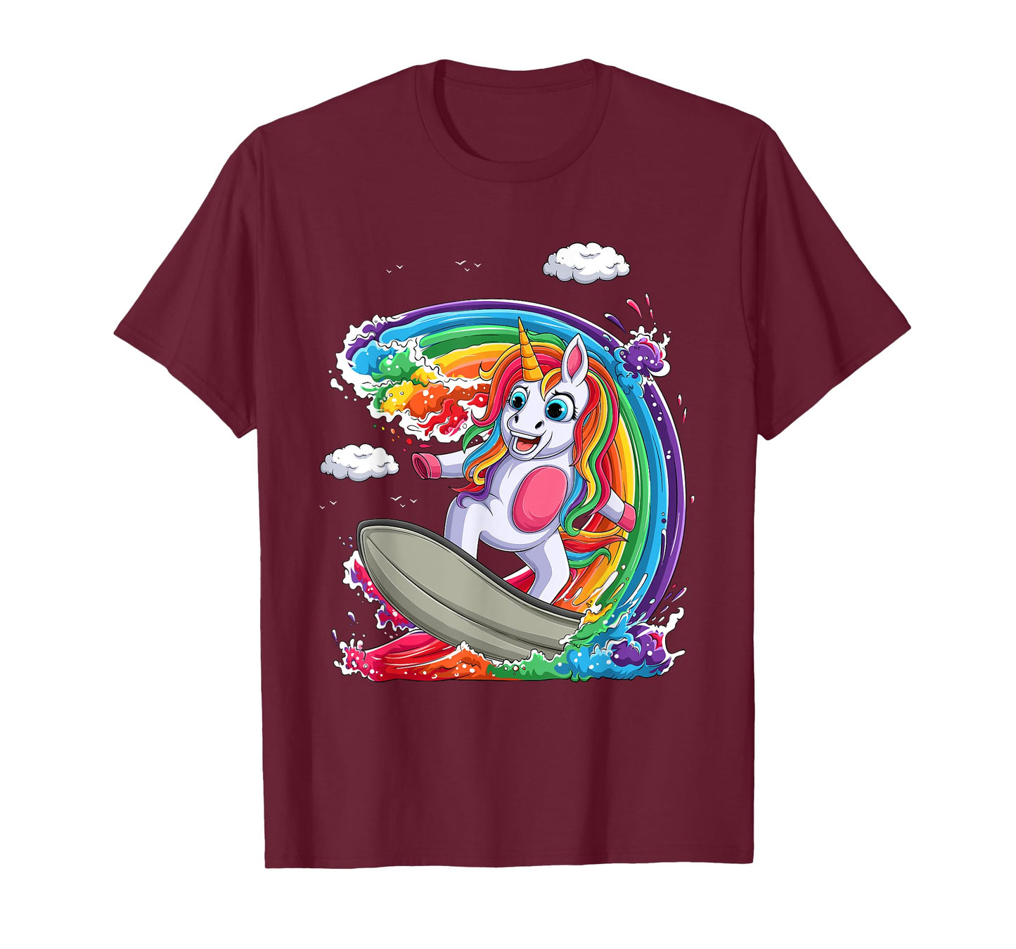 Cute Unicorn Girls Women Unicorn Surfing on Rainbow Wave T-Shirt