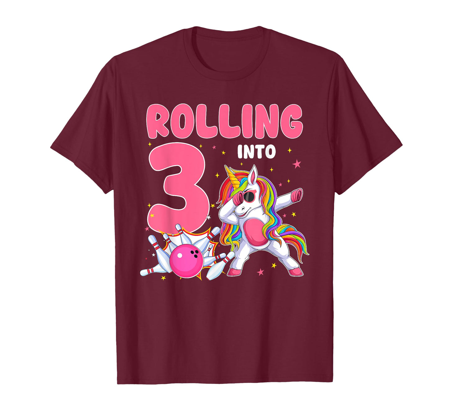 Rolling Into 3 3rd Birthday Unicorn Bowling 3 Year Old T-Shirt