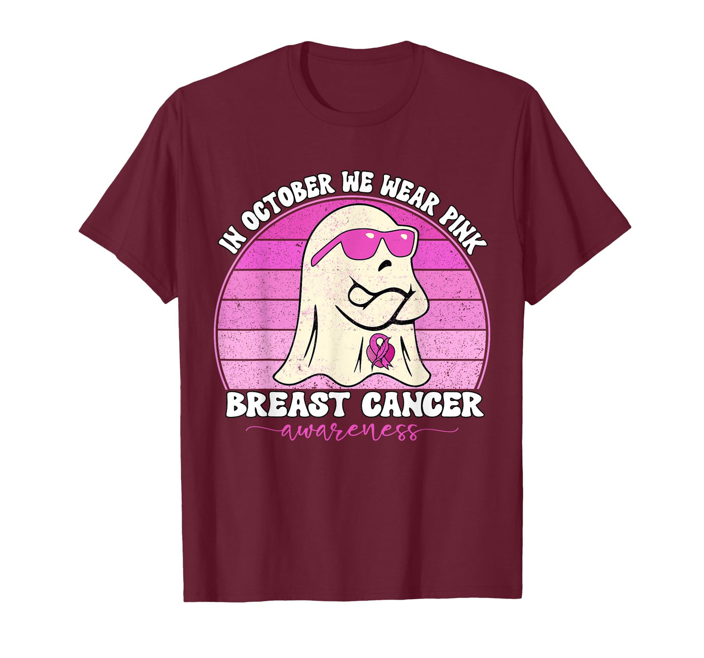 Groovy Breast Cancer Awareness We Wear Pink Ribbon Ghost T-Shirt