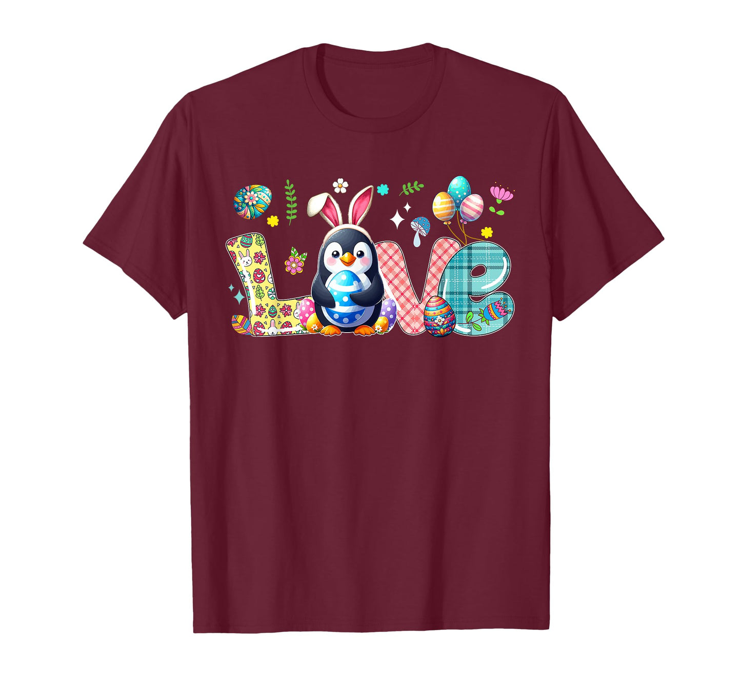 Love Easter Bunny Penguin Hunting Eggs Flowers Colourful T-Shirt