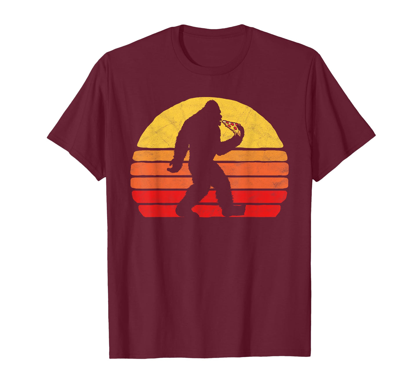 Sasquatch and Pizza! Funny Eating Bigfoot & 80s Sun Graphic T-Shirt