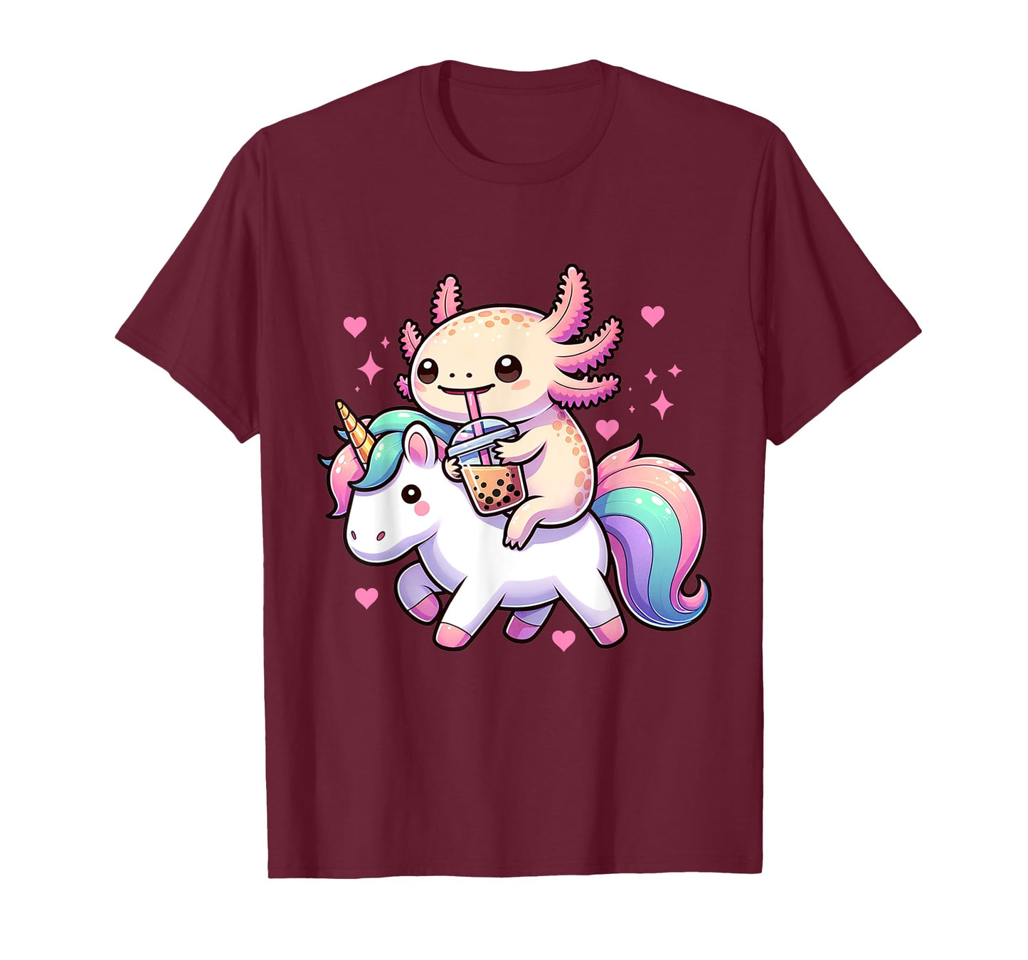 Cute Anime Kawaii Axolotl Riding A Unicorn And Drinking Boba T-Shirt
