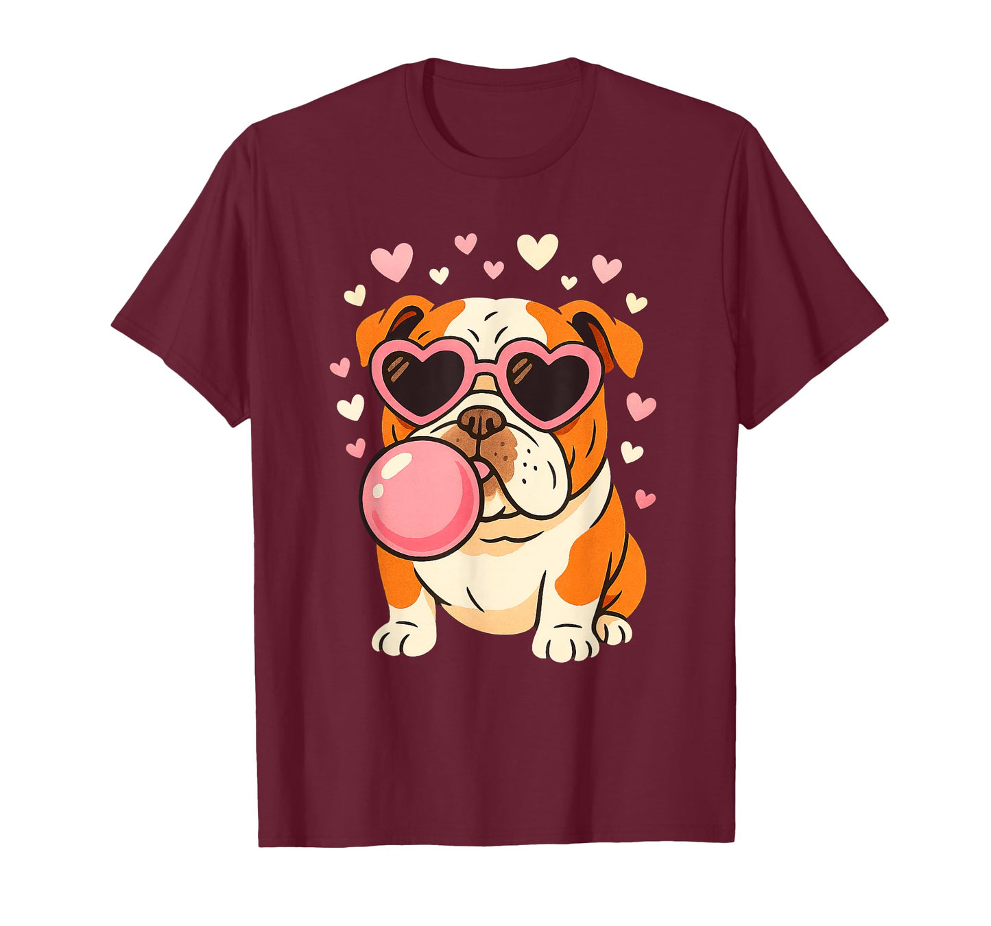 Bulldog Blowing Pink Bubble Gum Hearts Girl Women T-Shirt