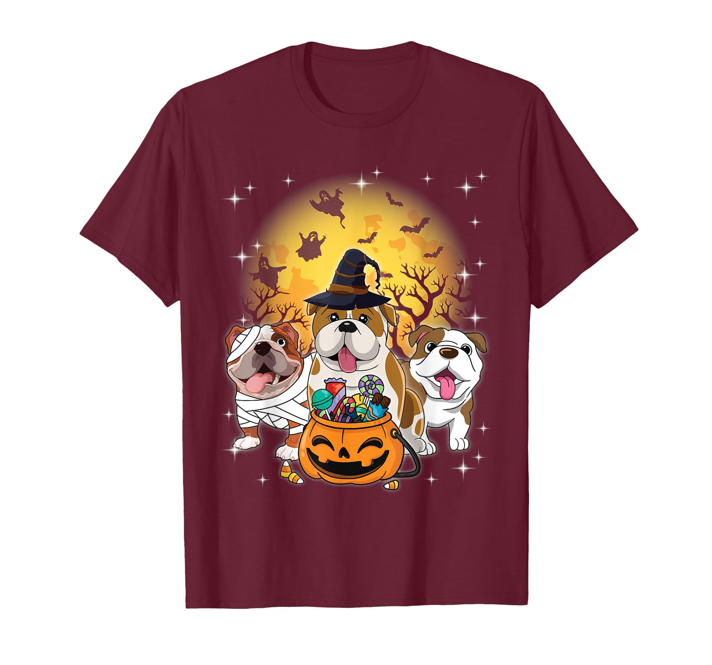 English Bulldog Mummy Witch Dog Moon Ghosts Halloween Day T-Shirt for Men Women Kids