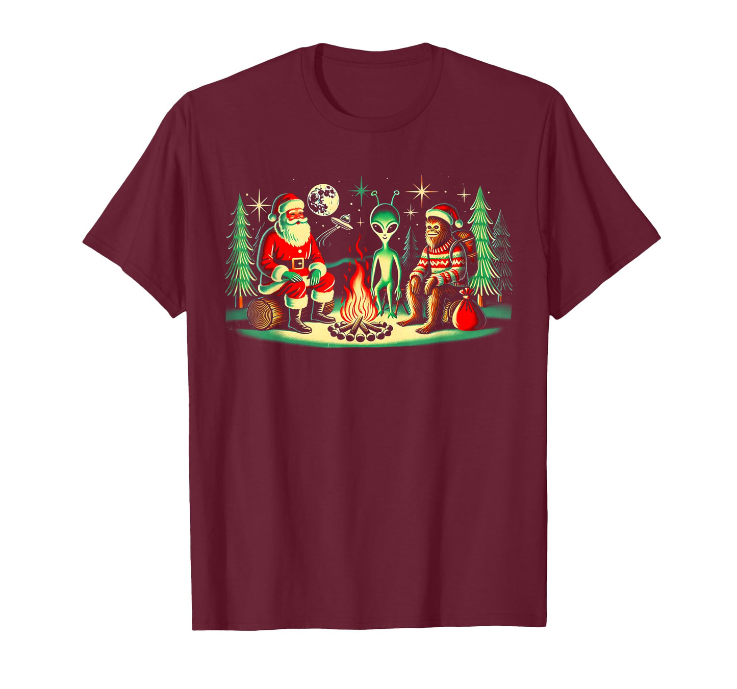 Santa Bigfoot and Alien Sat Around a Fire at Camp, Christmas T-Shirt
