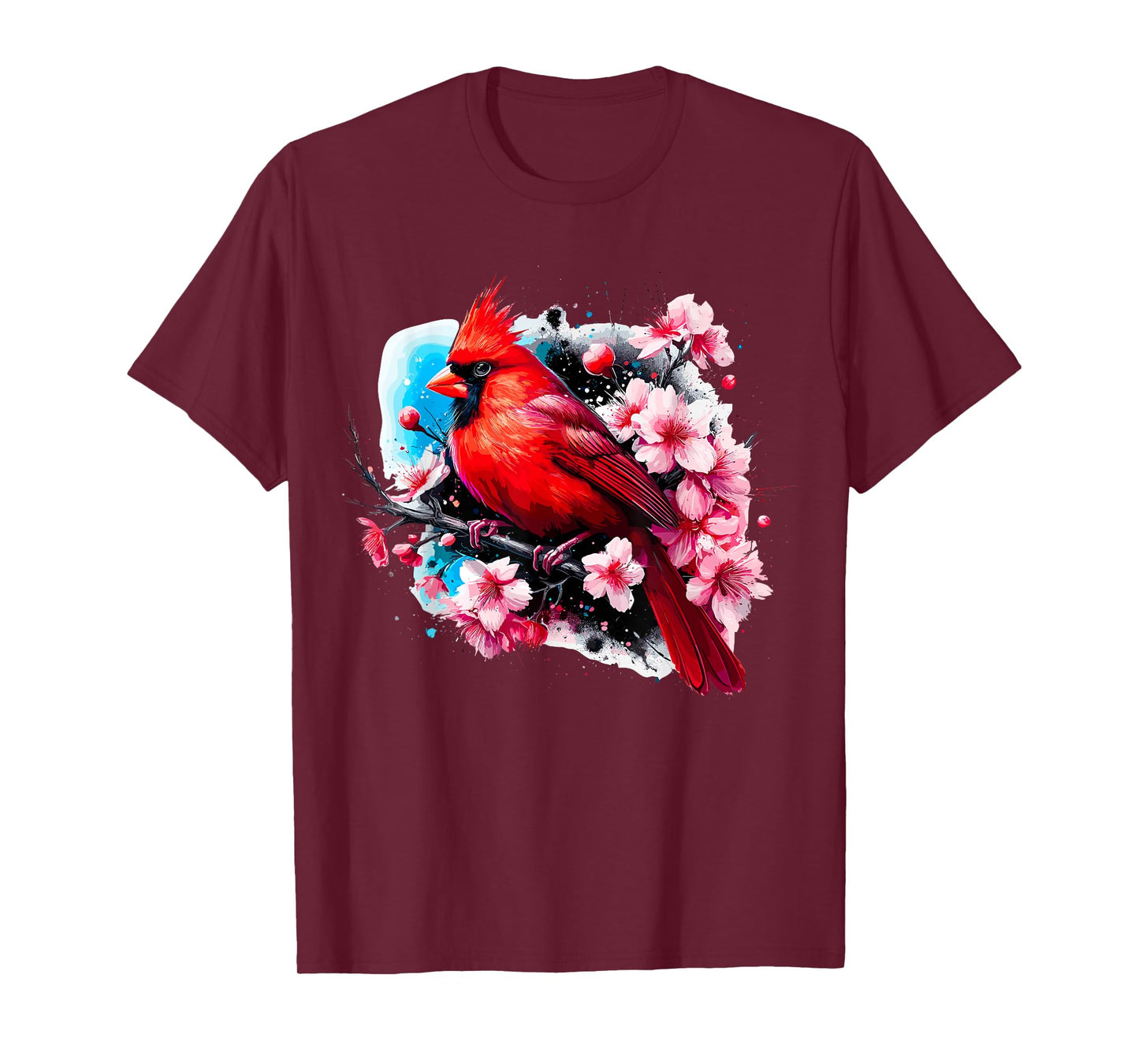 Magical and Funny Bird Watching Gifts Red Cardinal Bird with Cherry Blossom Unisex Adult T-Shirt, Small, Black, Short Sleeve, Classic Fit, Polyester 100%