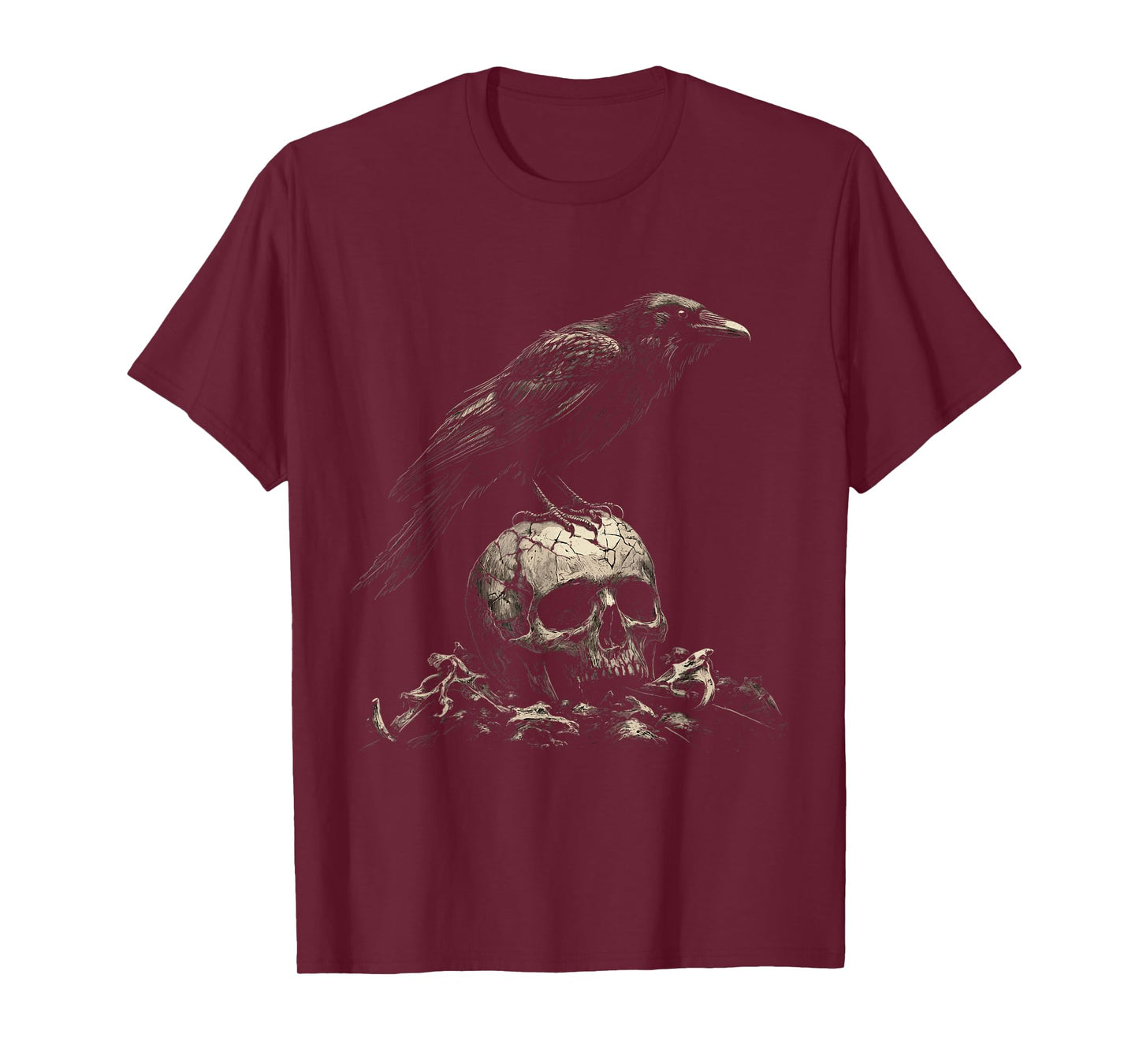 Raven on Skull Gothic Crow Occult Witchcraft Goth Horror T-Shirt