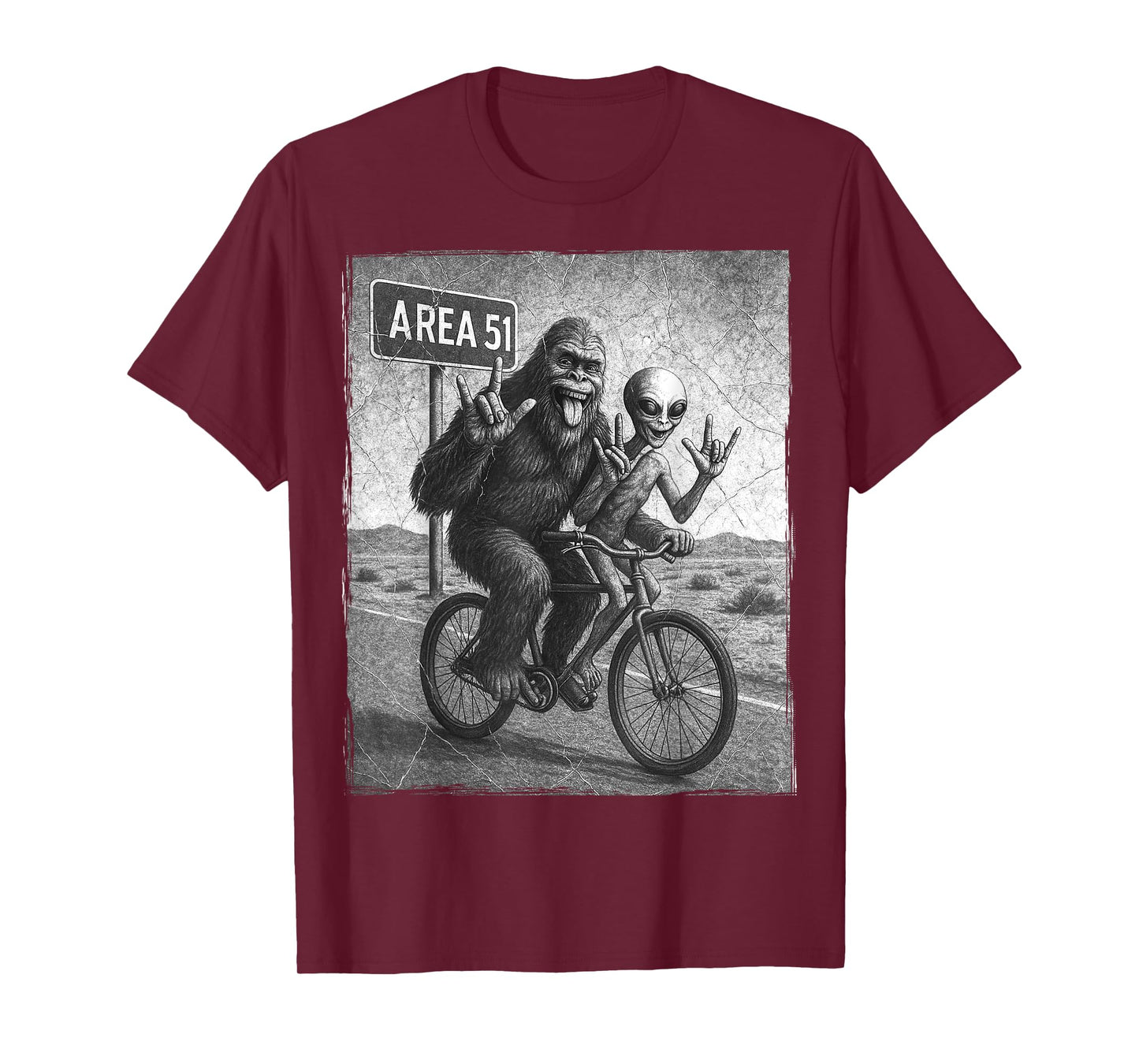 Bigfoot Alien UFO Bike Ride Rock On Area 51 Vintage Funny T-Shirt