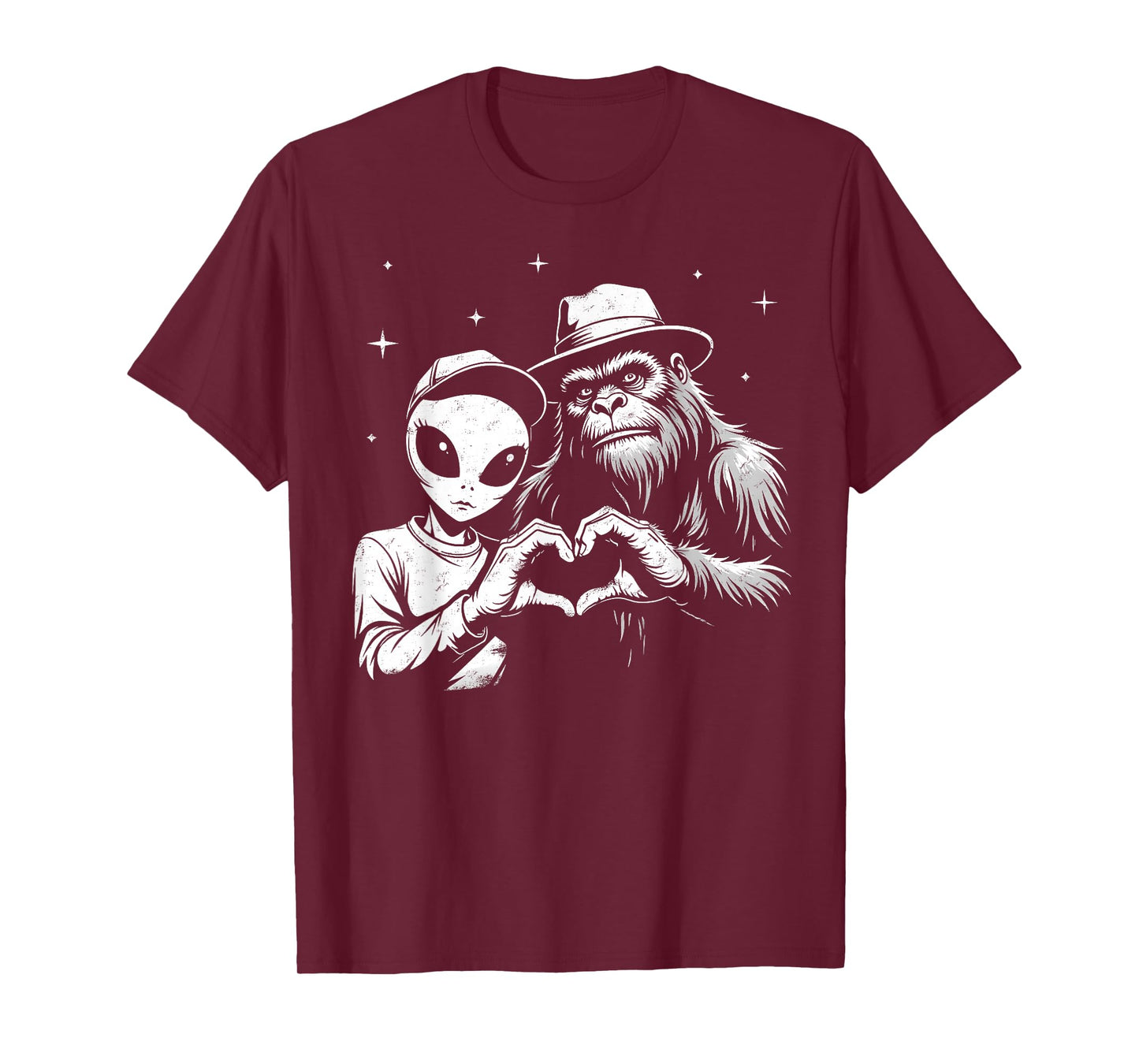 Bigfoot And Alien Love Hand Sign Funny Sasquatch T-Shirt