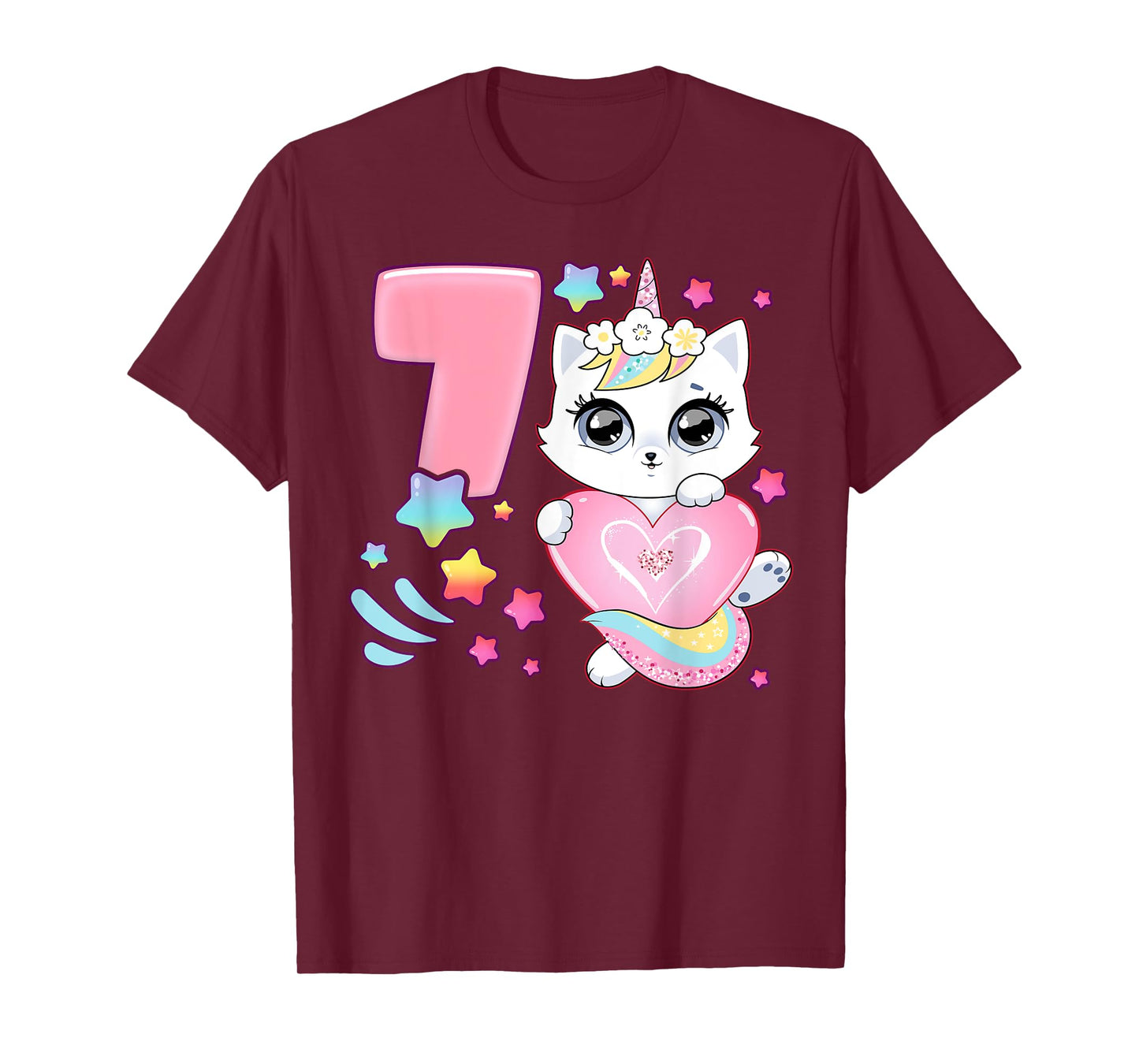 Birthday girl 7 years old, cat, unicorn, 7th birthday T-Shirt