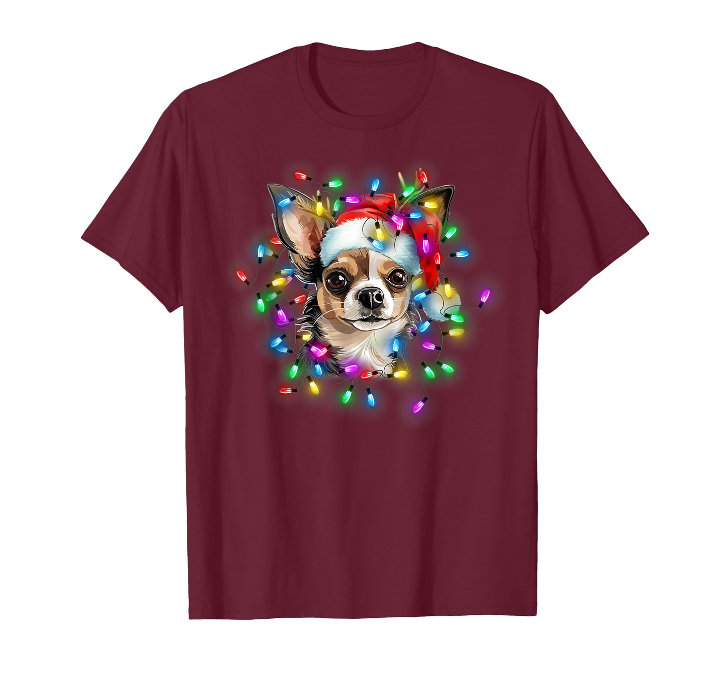 Cute Chihuahua Santa Hat Christmas Light Xmas T-Shirt