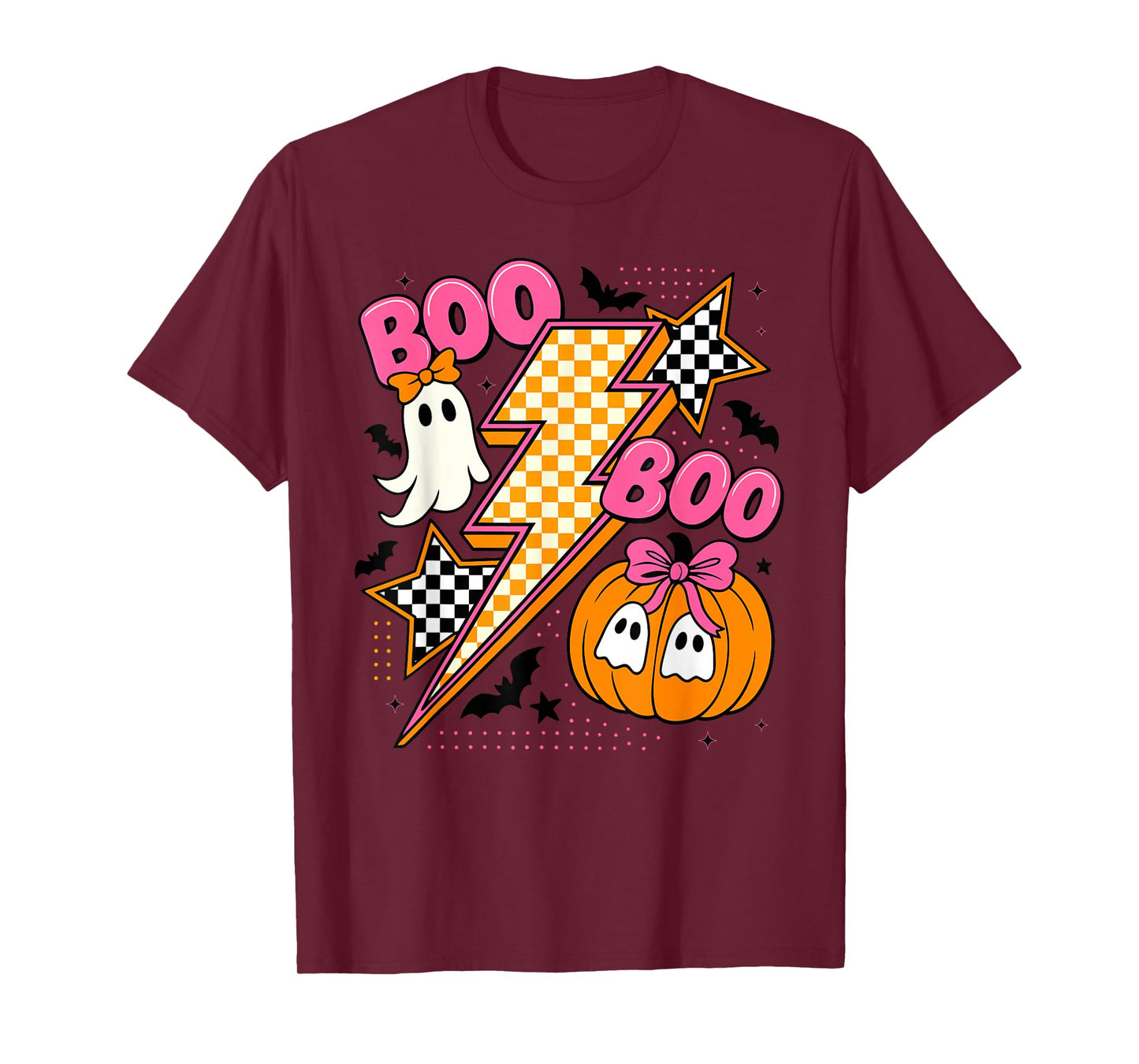 Retro Halloween Lighting Checkered Ghost Pumpkin Bow Outfit T-Shirt