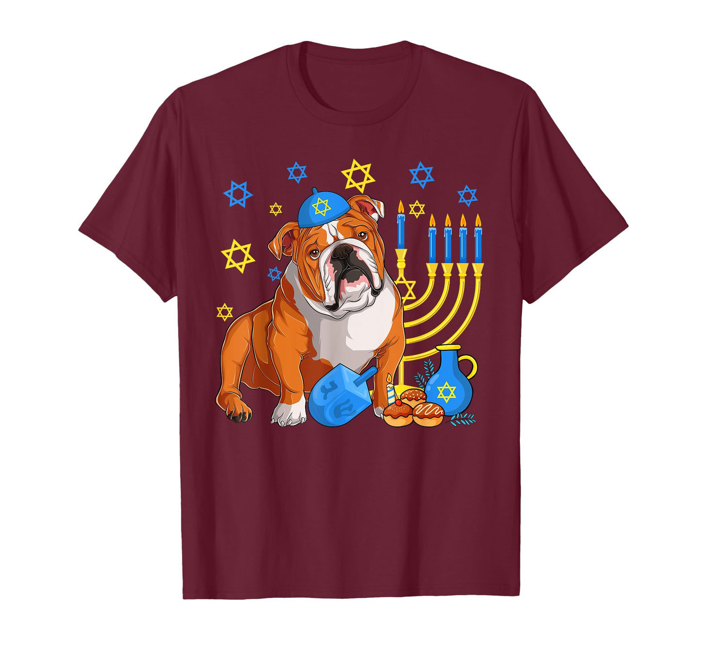 Jewish English Bulldog Dog Kippah Menorah Hanukkah Pajama T-Shirt